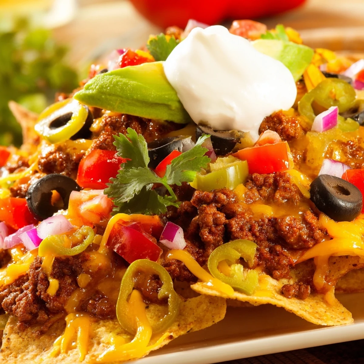 Freshly baked Super Bowl Spicy Beef Nachos Supreme with jalapeños, tomatoes, and avocado, perfect for sharing at a game day party.  