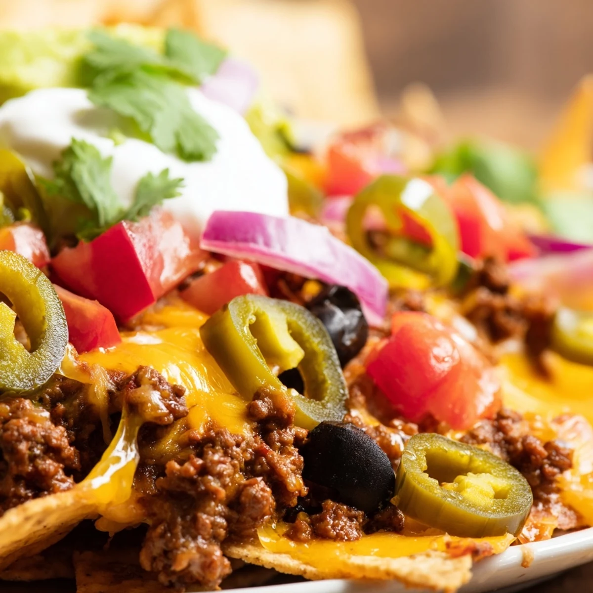 A close-up of a cheesy, bubbling platter of Super Bowl Spicy Beef Nachos Supreme, garnished with cilantro and lime wedges.