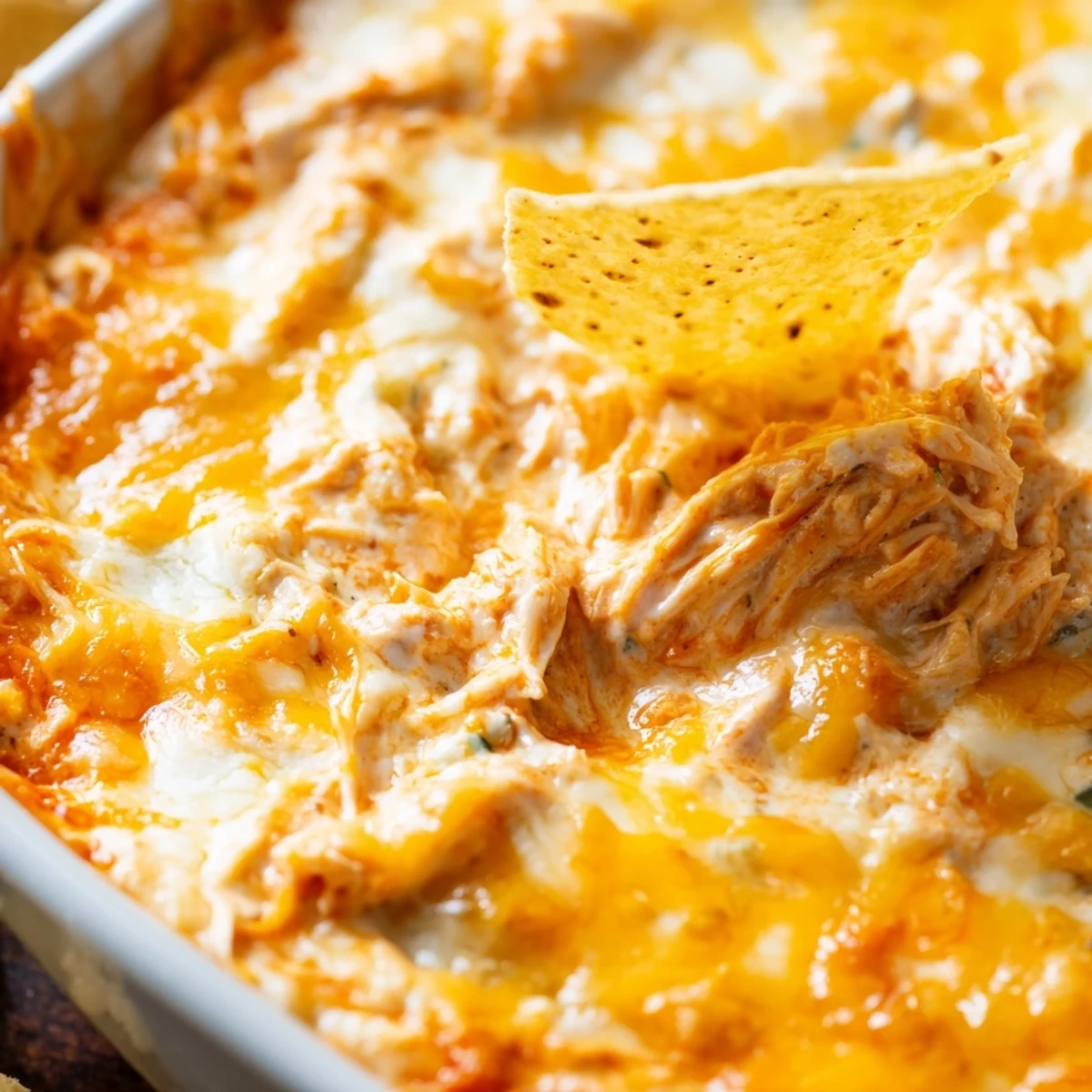 A creamy, spicy buffalo chicken dip baked until golden, served with crunchy tortilla chips.