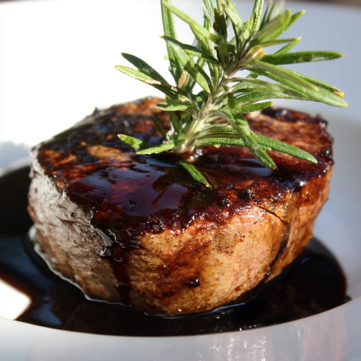 Golden-brown filet mignon topped with glossy balsamic reduction on a rustic plate beside roasted asparagus.