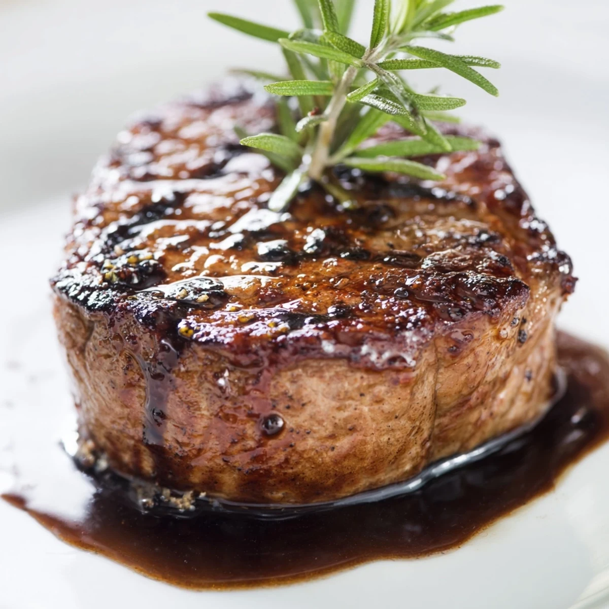 Elegant Romantic Filet Mignon plated with rosemary garnish and drizzled balsamic glaze for a special dinner.