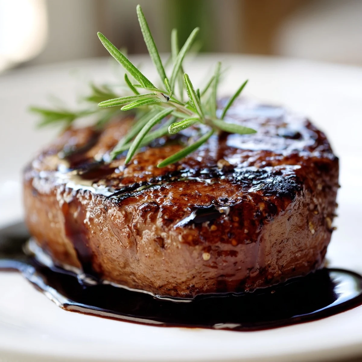 Perfectly seared Romantic Filet Mignon, medium-rare, served with roasted potatoes and a rich balsamic sauce.