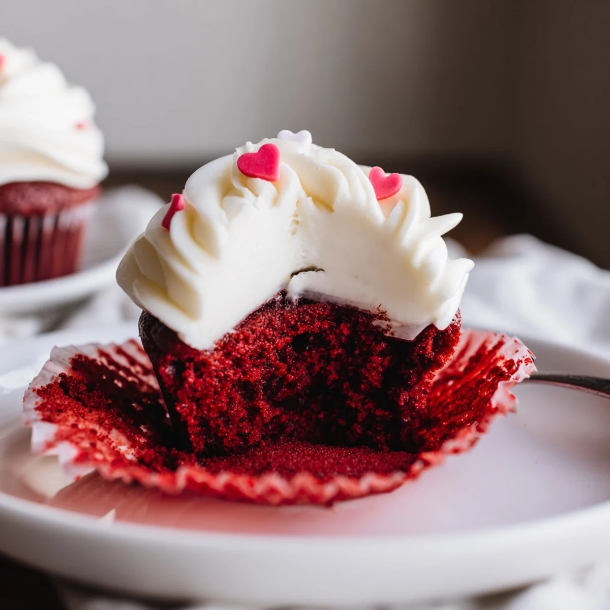 Moist, vibrant red velvet cupcakes topped with luscious cream cheese frosting, arranged on a rustic wooden board.