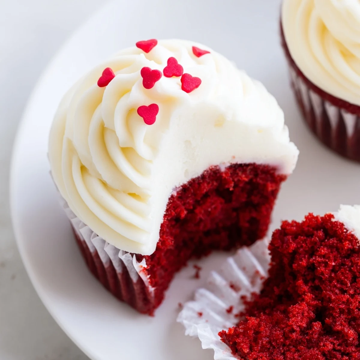 Twelve freshly baked Valentine Red Velvet Cupcakes with cream cheese frosting, ready for a romantic dessert celebration.