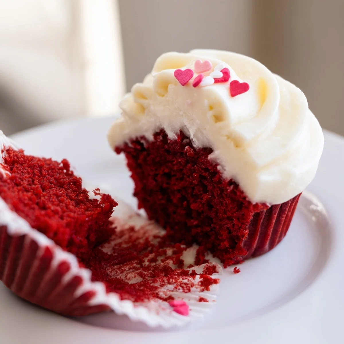 Rich red velvet cupcakes with swirls of cream cheese frosting and a sprinkle of festive red sugar crystals.