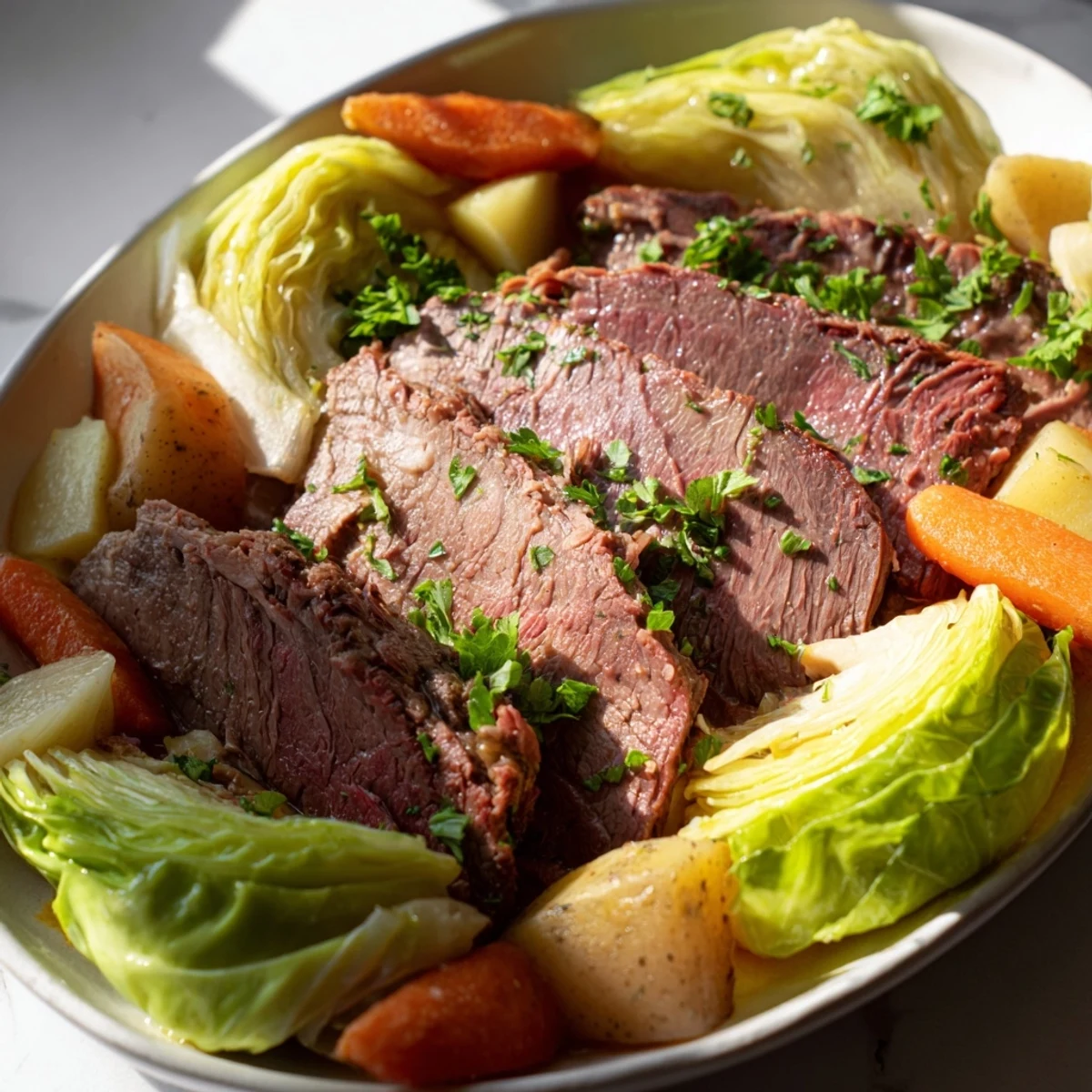 St. Patrick's Day halal corned beef simmered with spices alongside golden potatoes and carrots on a rustic table.