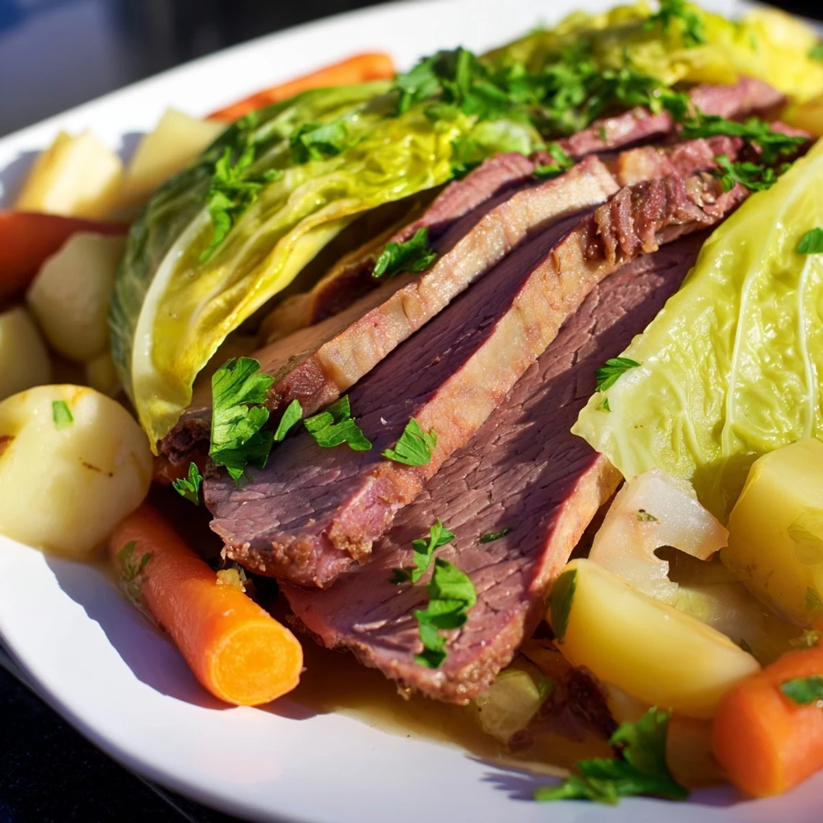 St. Patrick's Day halal corned beef and cabbage arranged with potatoes and carrots, ready to be enjoyed.