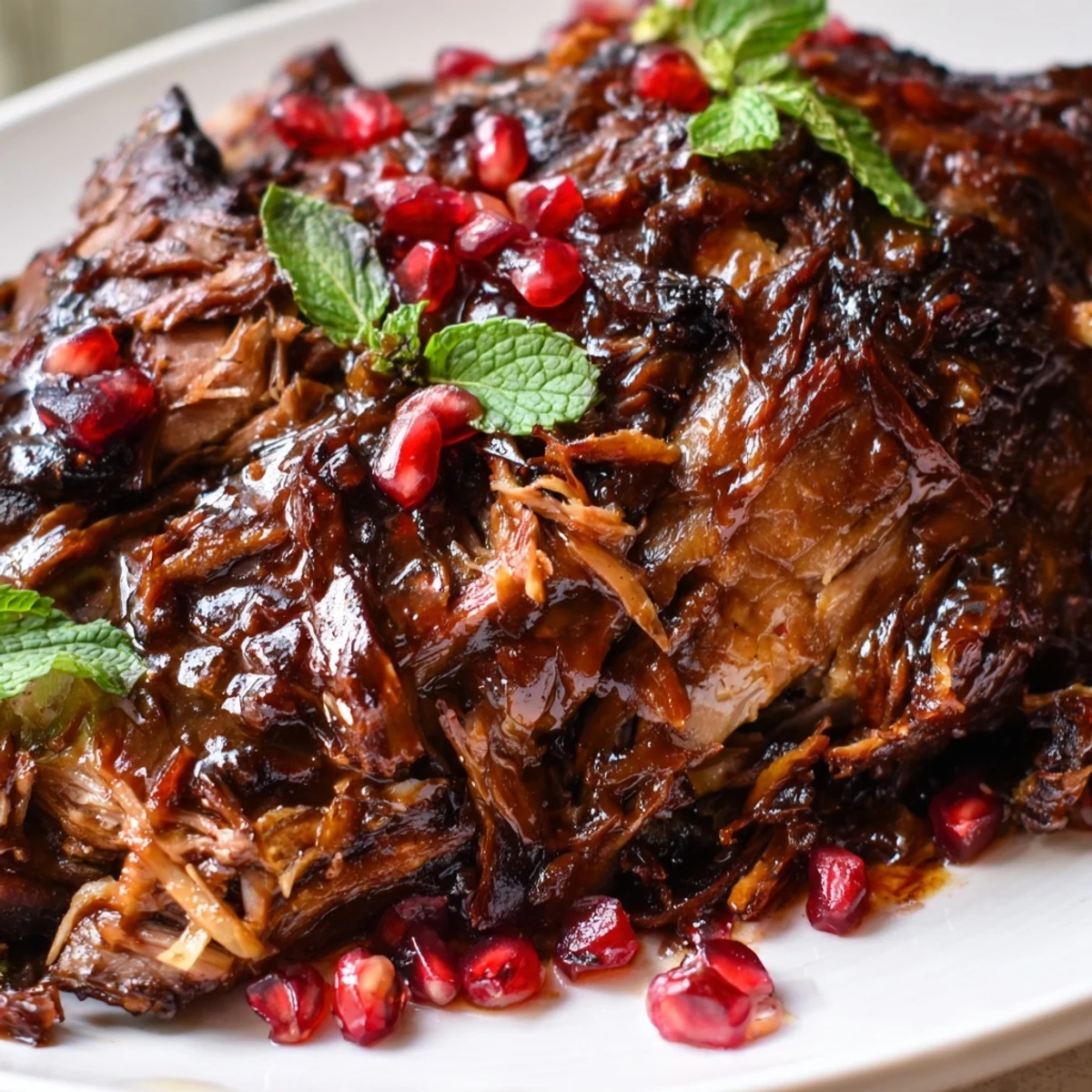 Golden, caramelized edges on a succulent slow roasted lamb shoulder, brushed with a tangy-sweet pomegranate molasses glaze.