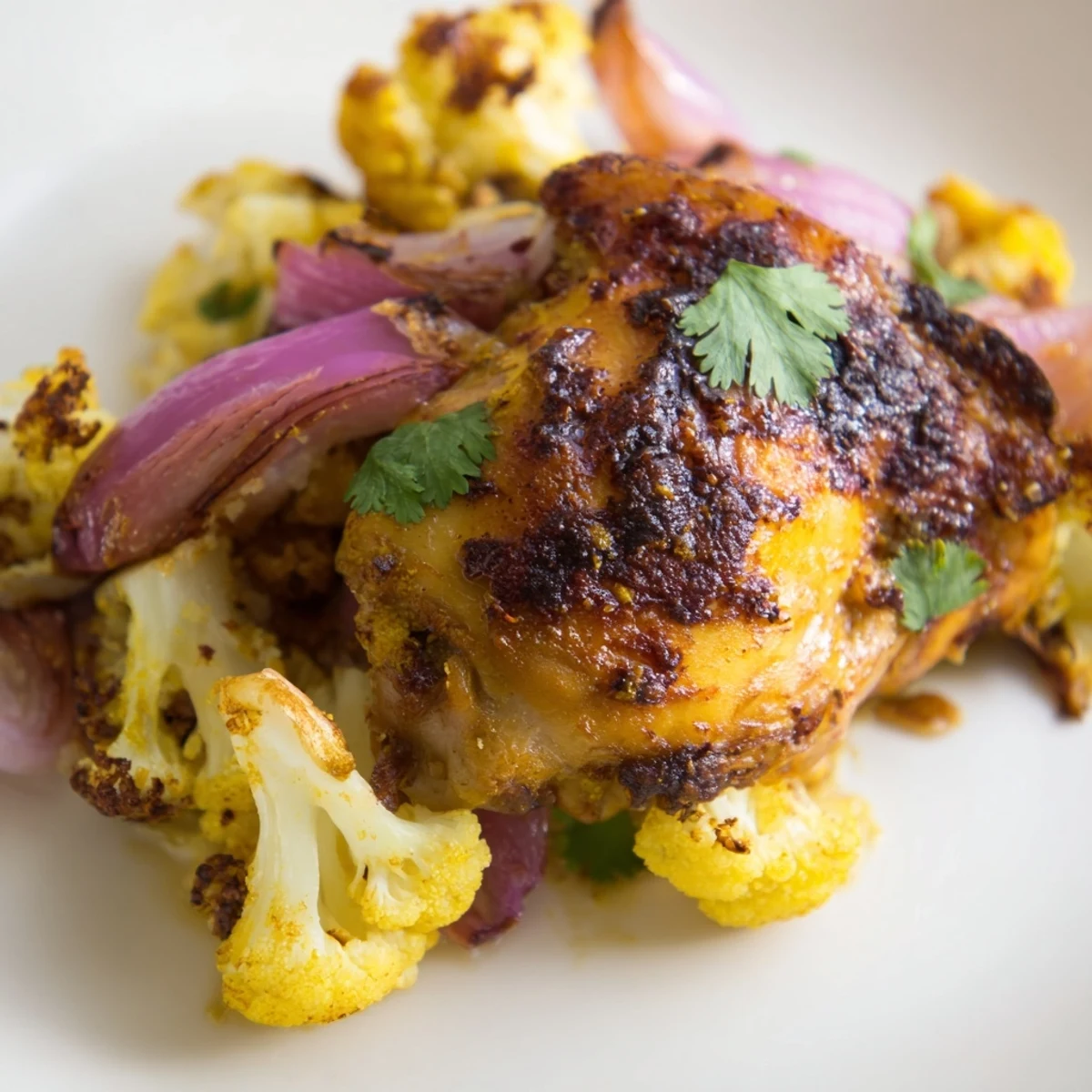 A serving of vibrant Sheet Pan Turmeric Chicken with caramelized cauliflower and red onion, highlighting the golden spice blend and juicy, tender meat.