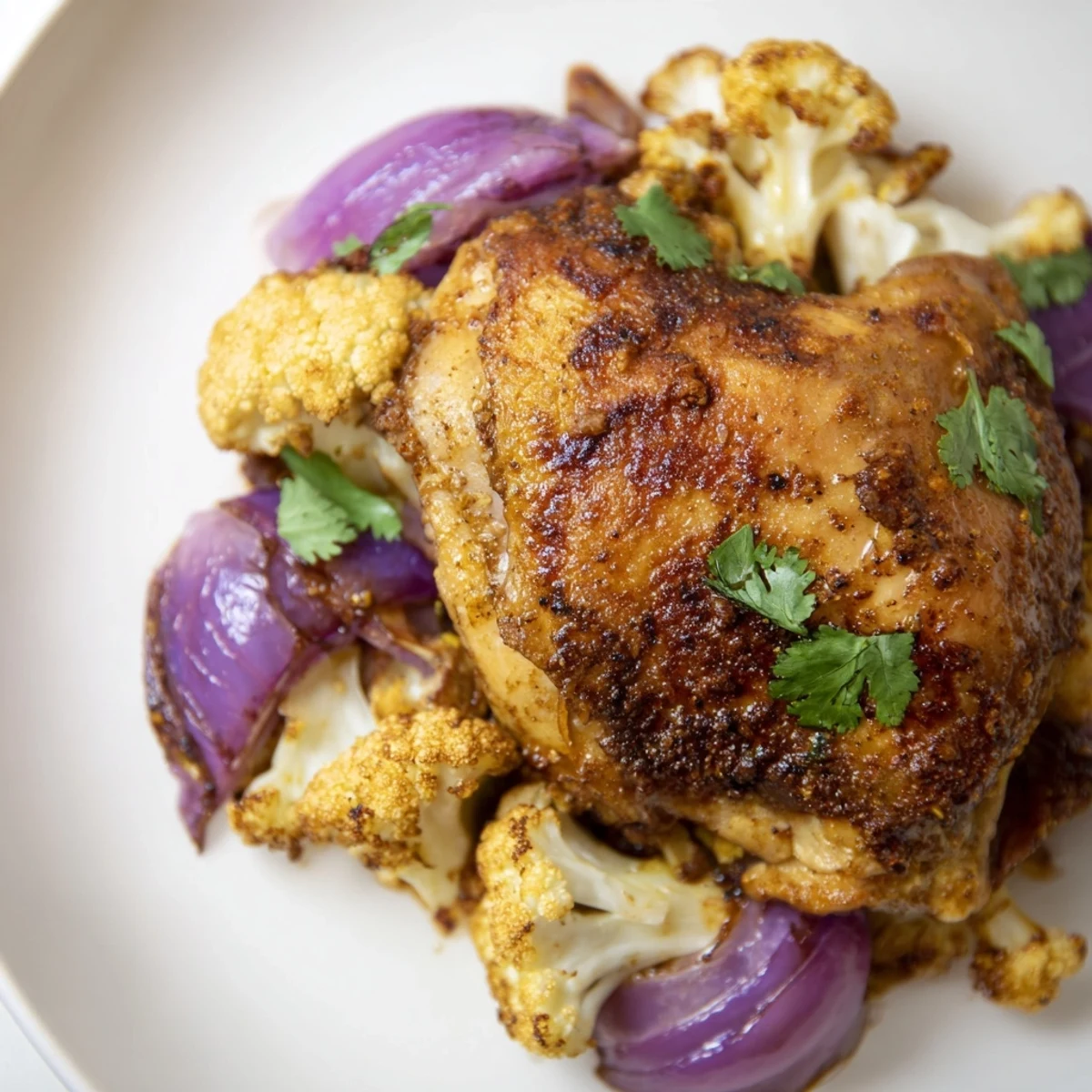 Roasted Sheet Pan Turmeric Chicken thighs and golden cauliflower florets, garnished with fresh cilantro and lemon wedges on a rustic pan.