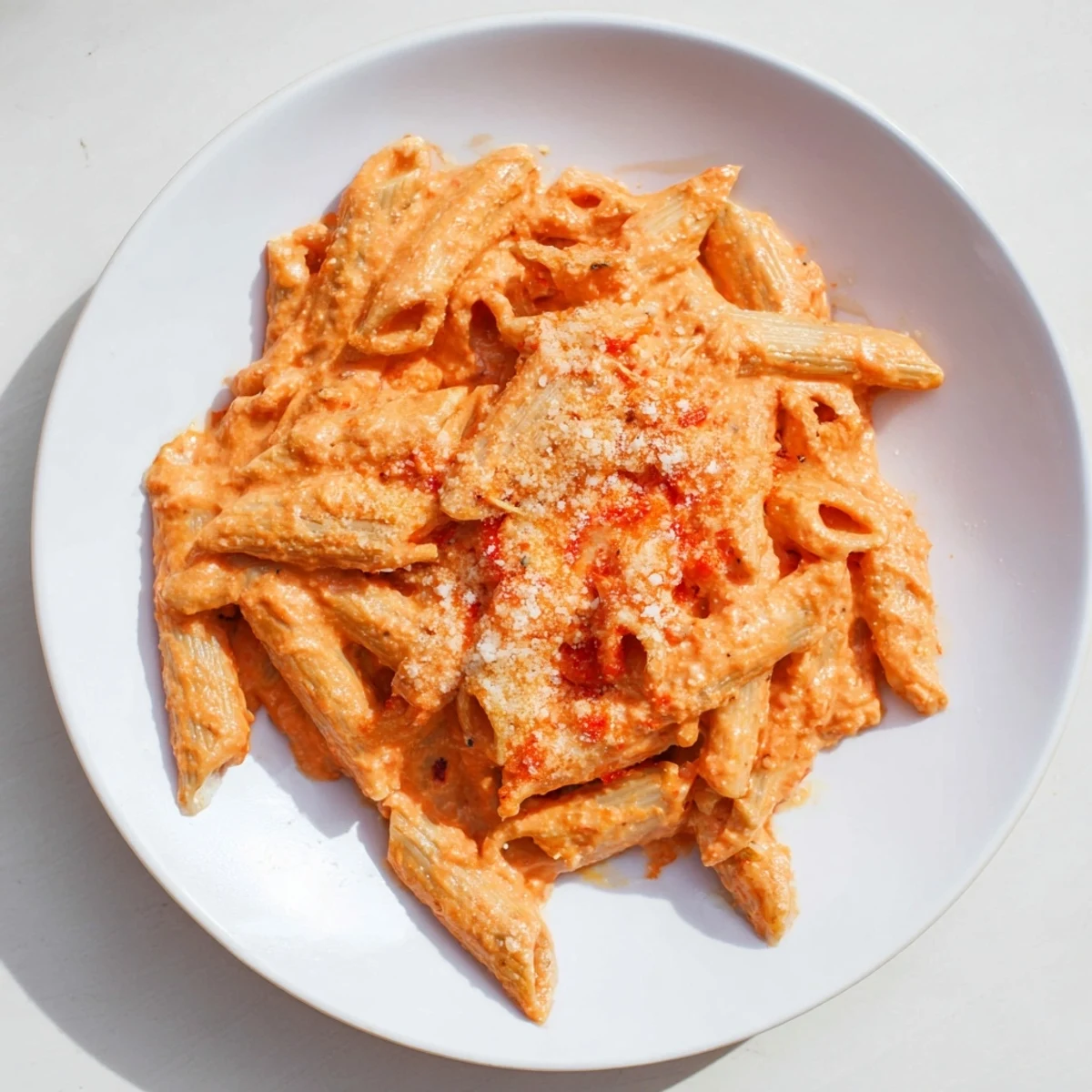 A bowl of Creamy Roasted Red Pepper Pasta Sauce is garnished with fresh basil and Parmesan, served alongside twirled fettuccine for a cozy, vegetarian Italian-inspired meal.