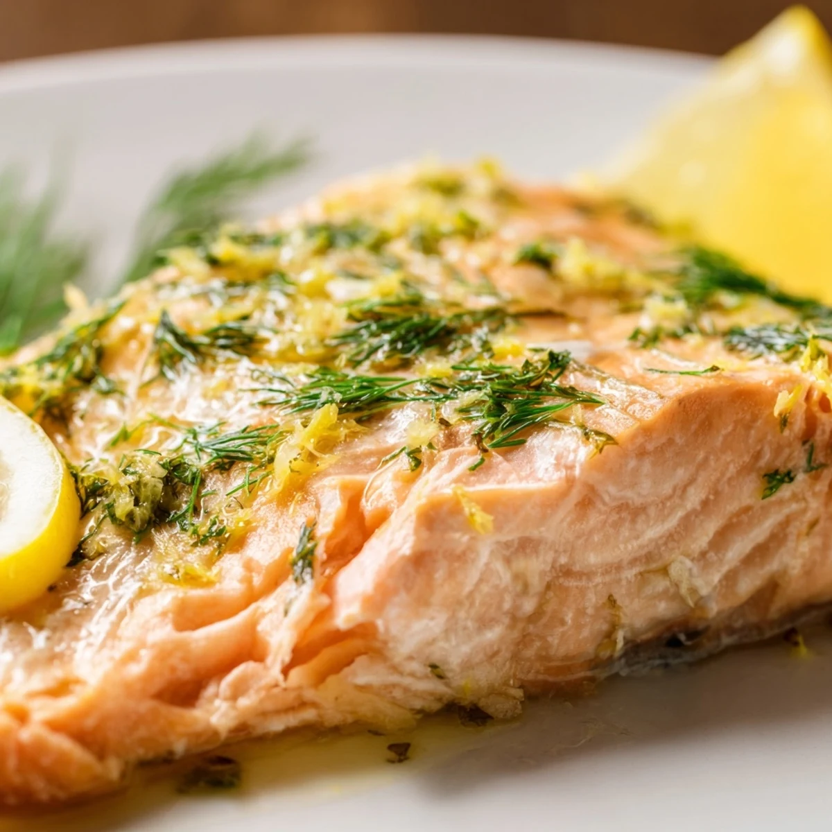 Freshly roasted Sheet Pan Lemon Herb Salmon fillets sit beside crisp green asparagus, garnished with lemon slices and herbs for a bright, flavorful dinner.