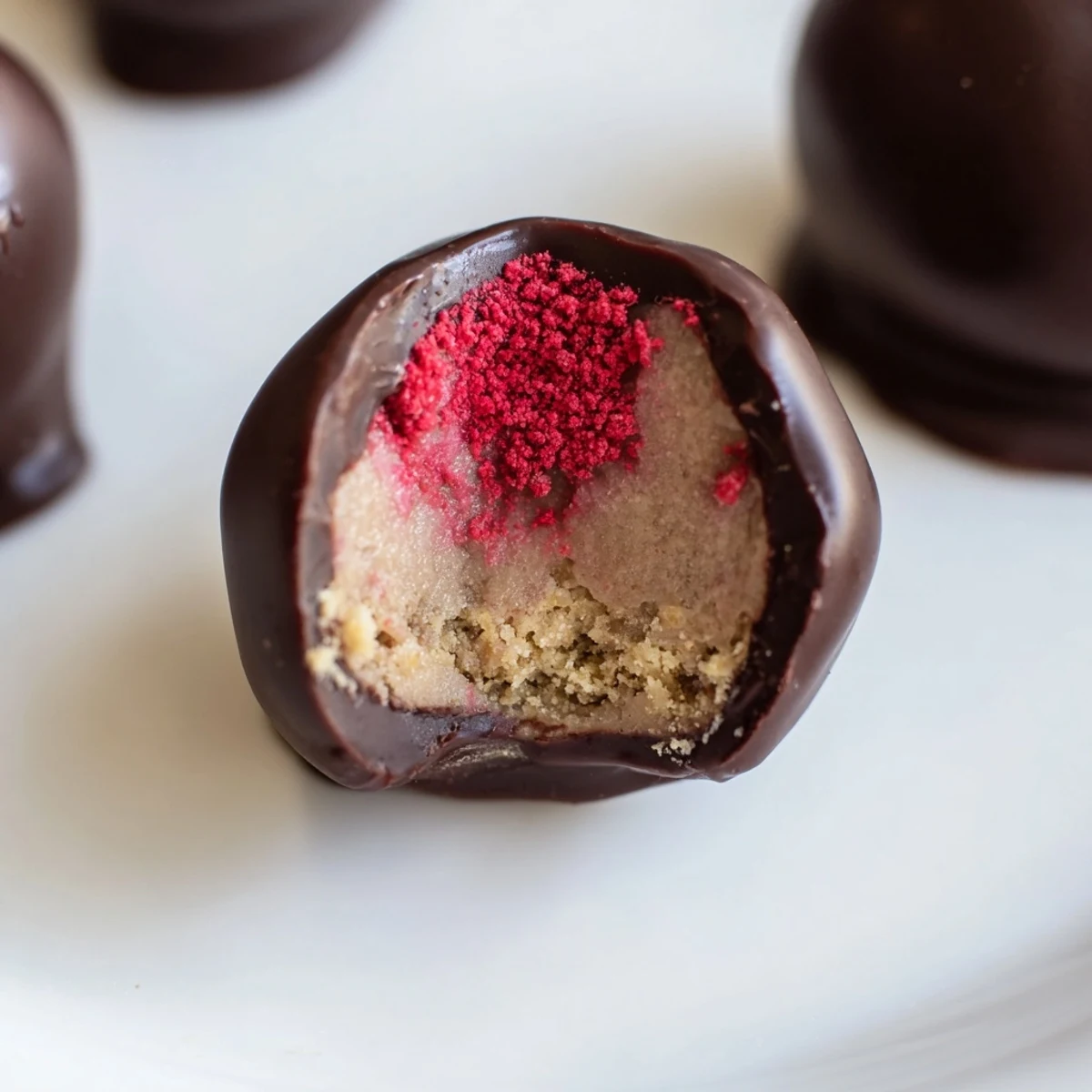 Delicious chocolate covered strawberry cheesecake truffles arranged on a white plate, featuring a creamy strawberry cheesecake center and a smooth dark chocolate shell.  