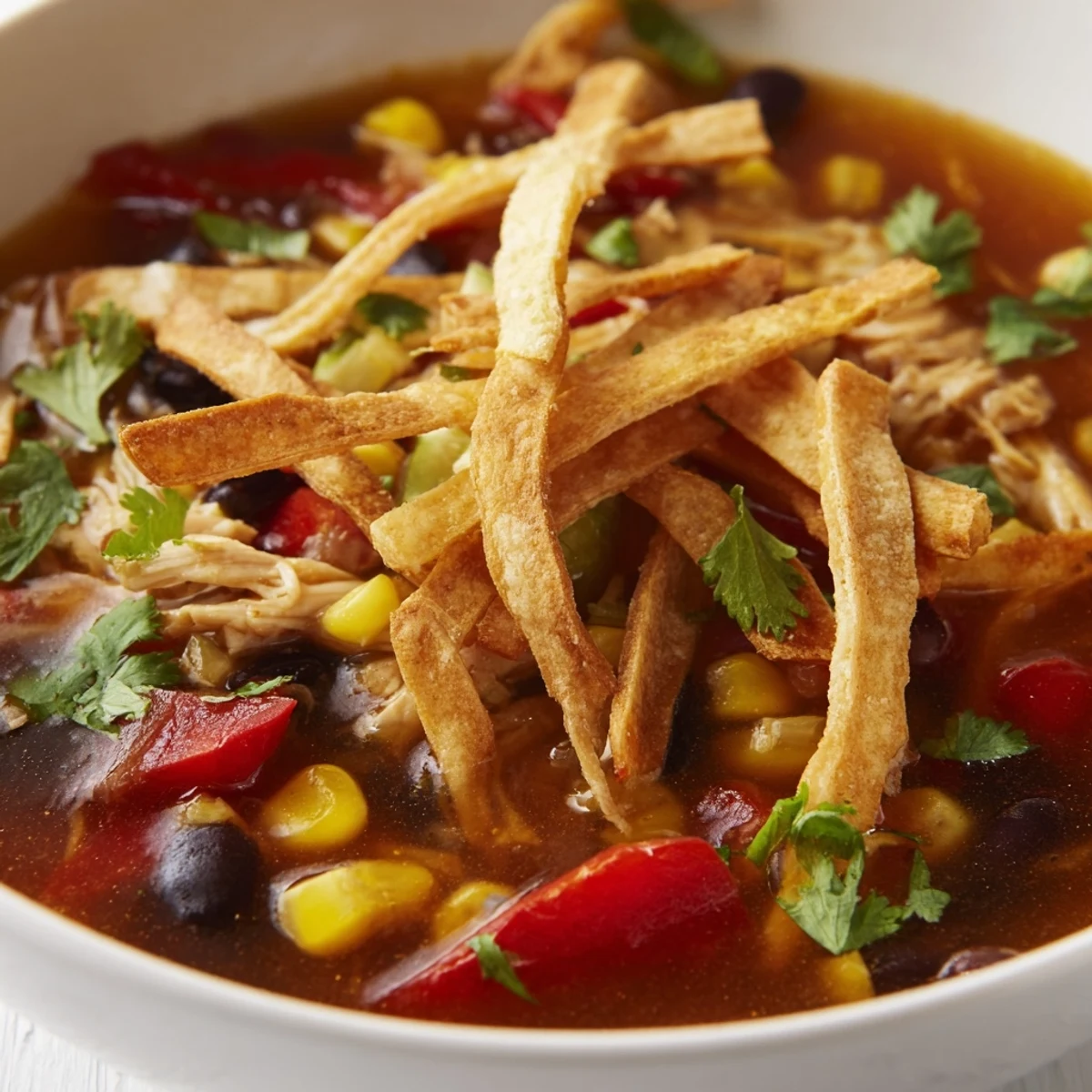 Steaming bowls of Slow Cooker Chicken Tortilla Soup feature tender shredded chicken, sweet corn, black beans, and crispy baked tortilla strips.  