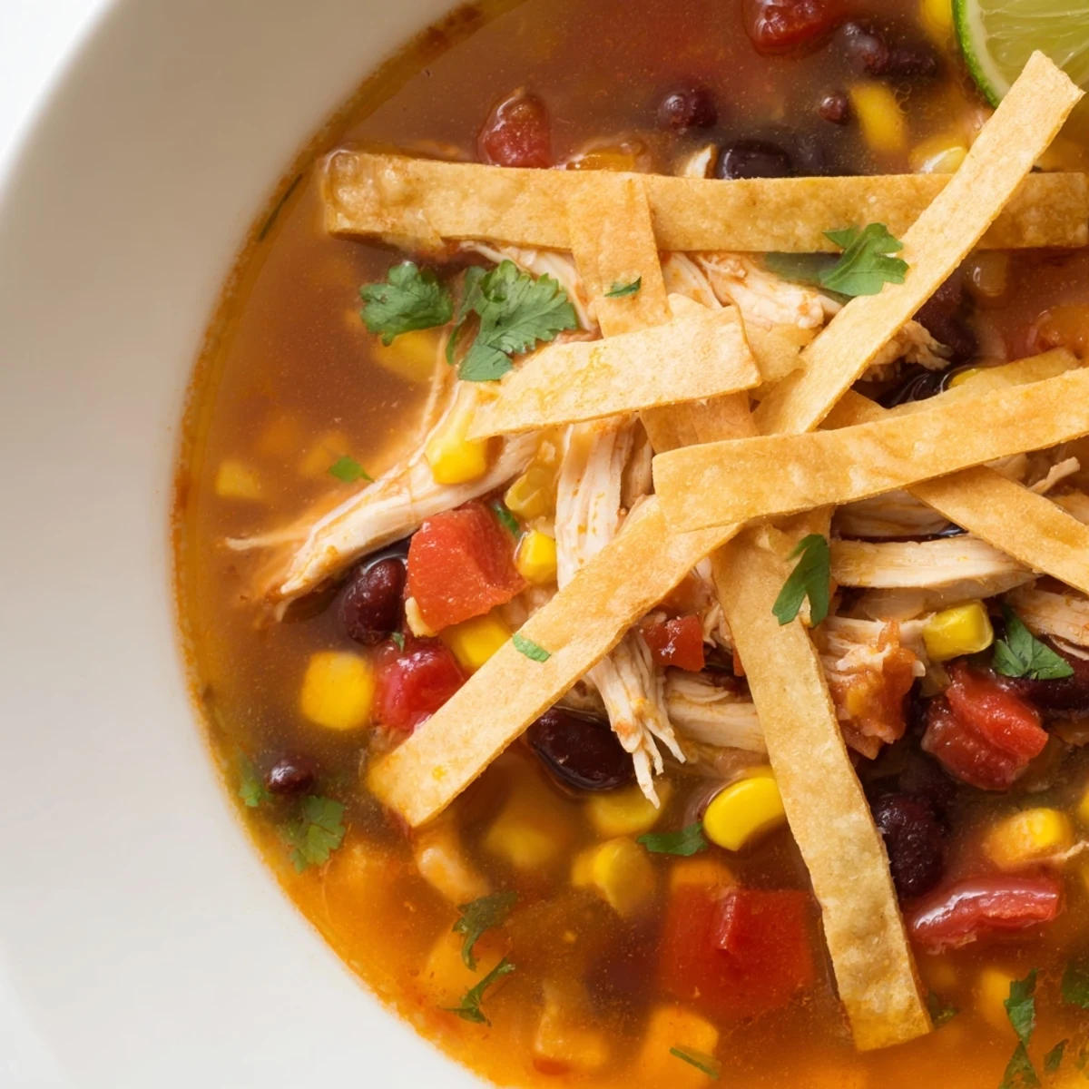 A vibrant Tex-Mex soup garnished with fresh cilantro and lime wedges, served hot in a rustic earthenware bowl.  