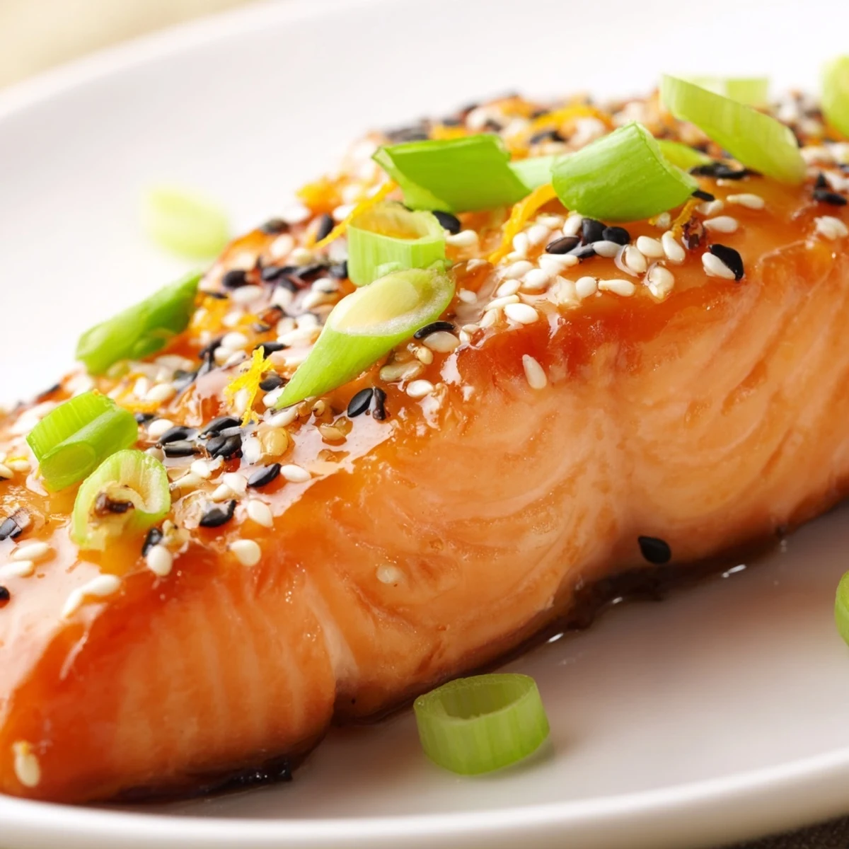Glazed baked salmon fillets with orange ginger sauce, garnished with green onions and sesame seeds, ready to serve.
