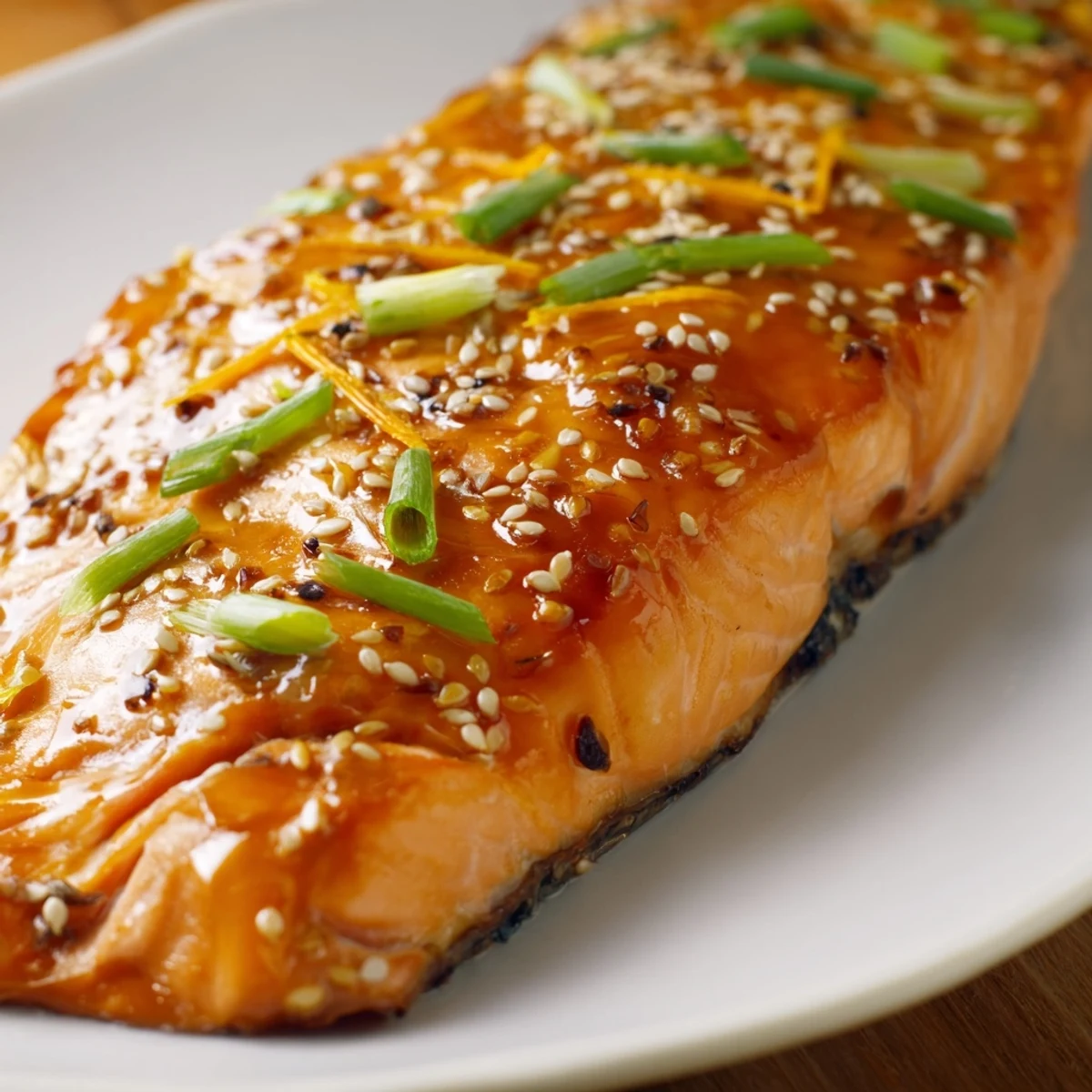 Perfectly baked salmon with orange ginger glaze, garnished with green onions and sesame seeds on a white plate.