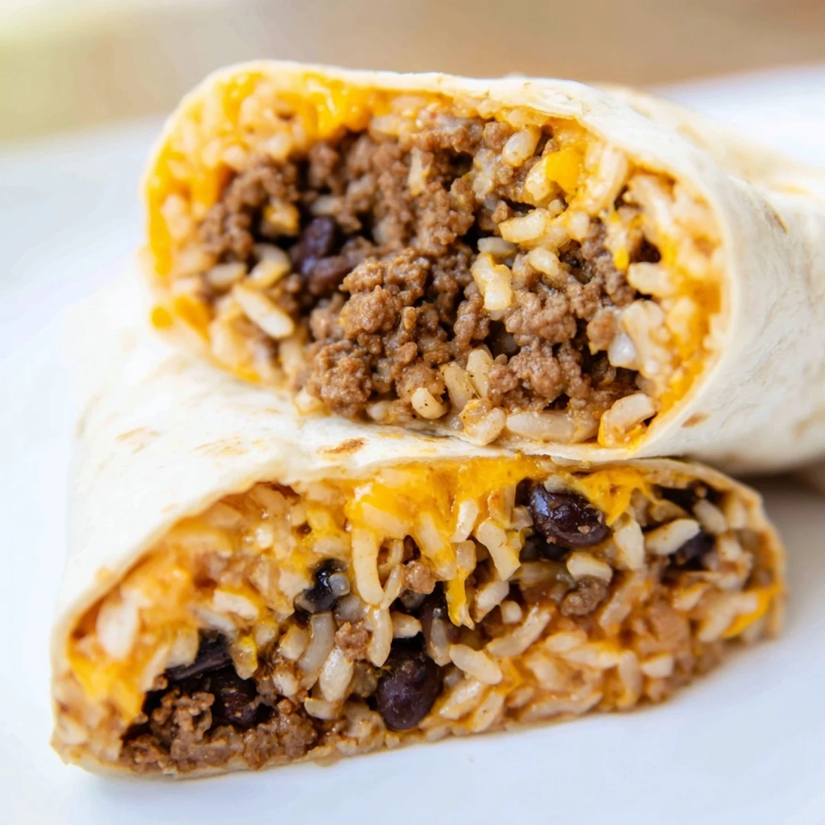 Warm flour tortilla wrapped around seasoned ground beef, fluffy rice, creamy black beans, and melted cheddar cheese, garnished with fresh lettuce and diced tomatoes.  