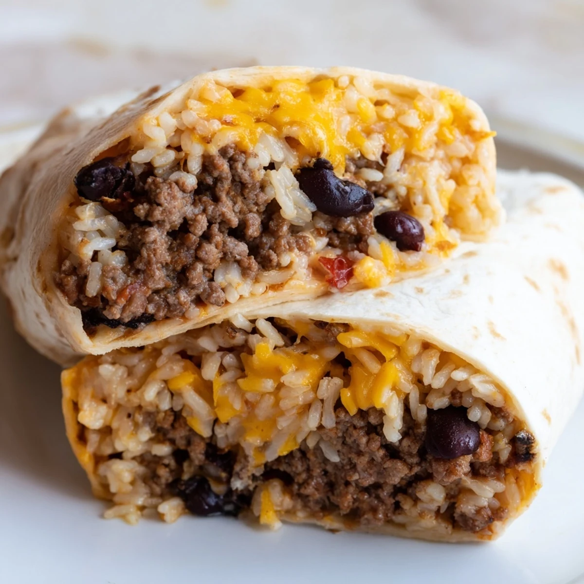 Hearty Beef Burrito with Rice, Beans, and Cheese served on a rustic plate, drizzled with sour cream and salsa for a delicious finish.