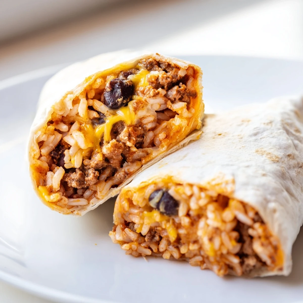 A close-up view of a hearty Beef Burrito with Rice, Beans, and Cheese, sliced in half to reveal the steaming, savory Tex-Mex filling.  