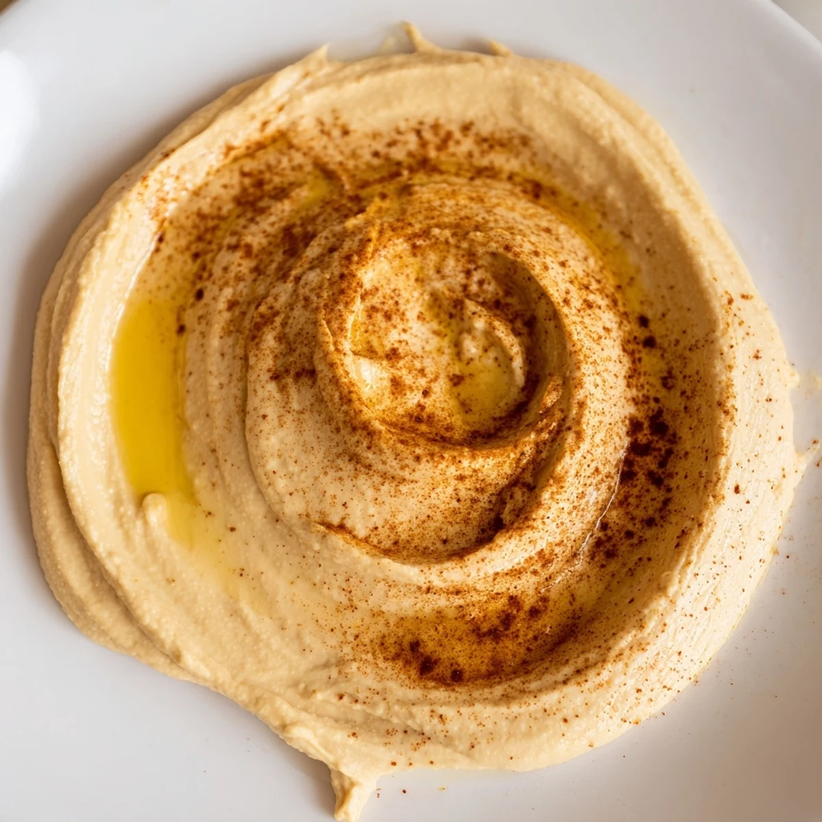 A close-up of Mediterranean Hummus Platter with drizzled olive oil and paprika garnish on creamy hummus.