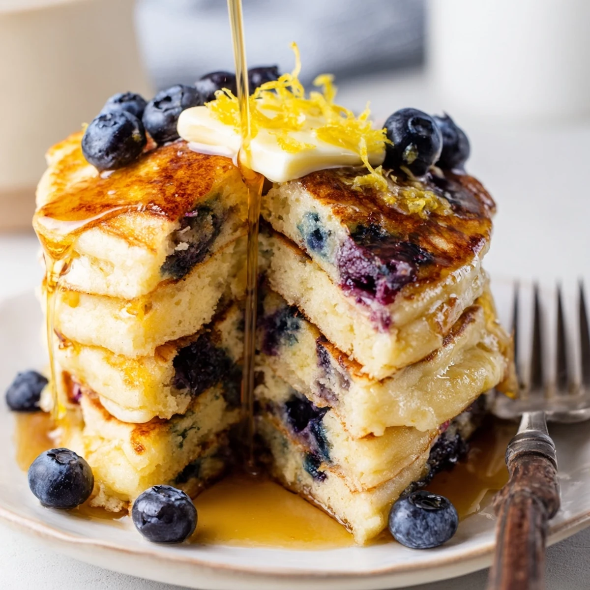 Fluffy Lemon Blueberry Pancakes stacked high, drizzled with warm maple syrup and topped with fresh blueberries and lemon zest.