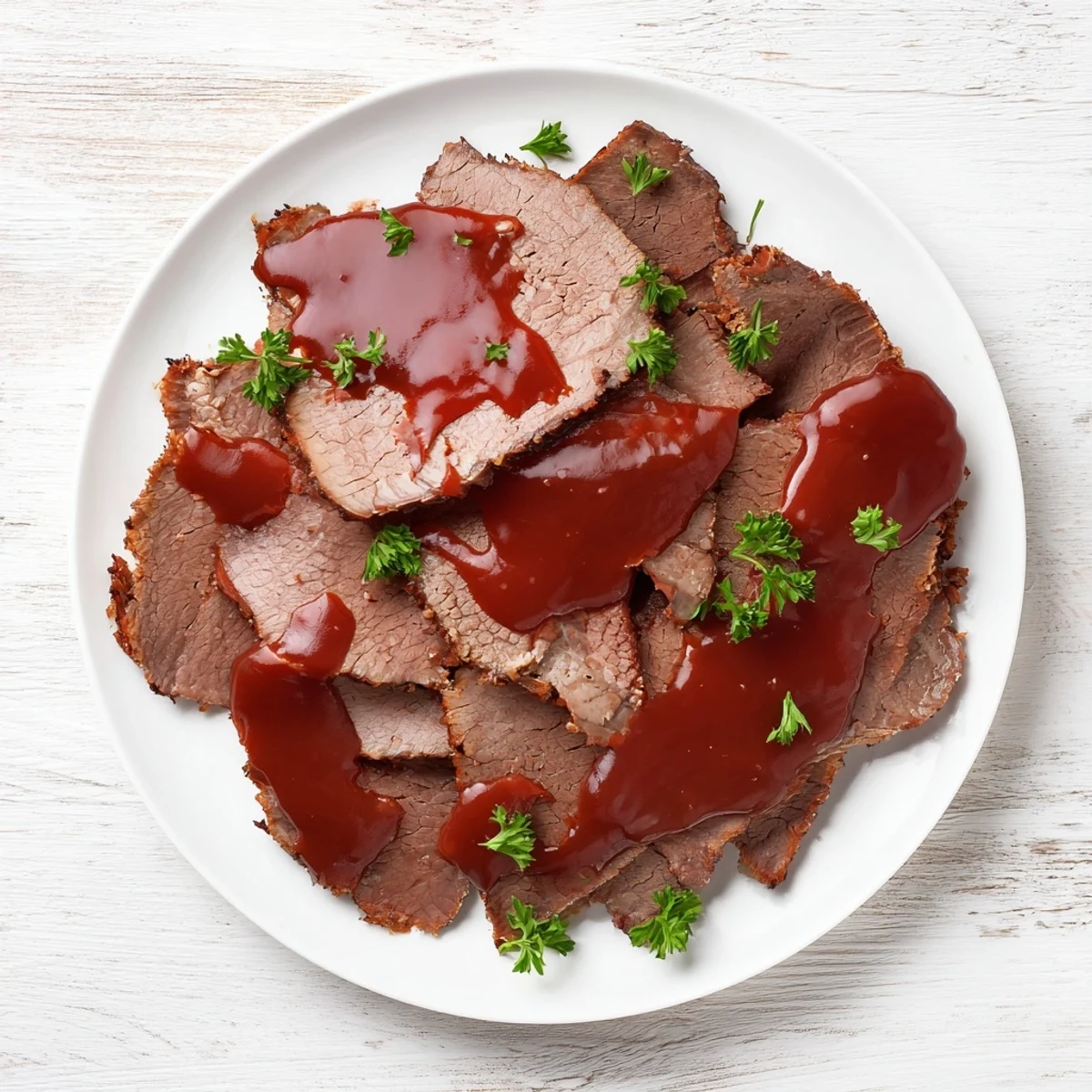 Tender slices of Slow Cooker Beef Brisket coated in a rich, smoky BBQ sauce, perfect for a family dinner.  