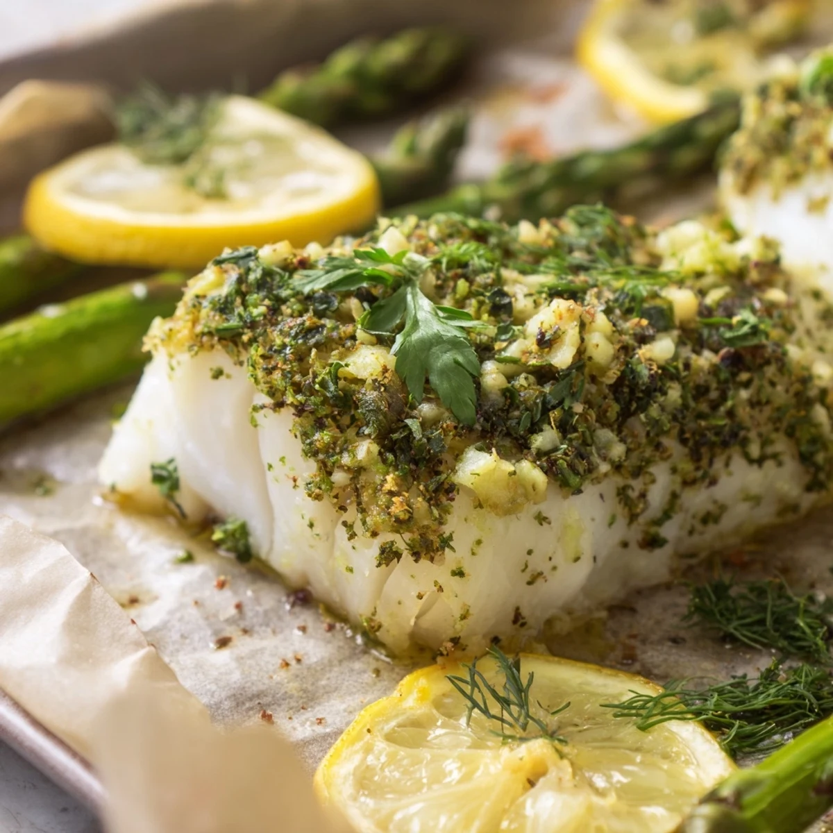 Baked cod and asparagus spears glistening with olive oil and lemon juice, served hot and ready for a healthy family dinner.