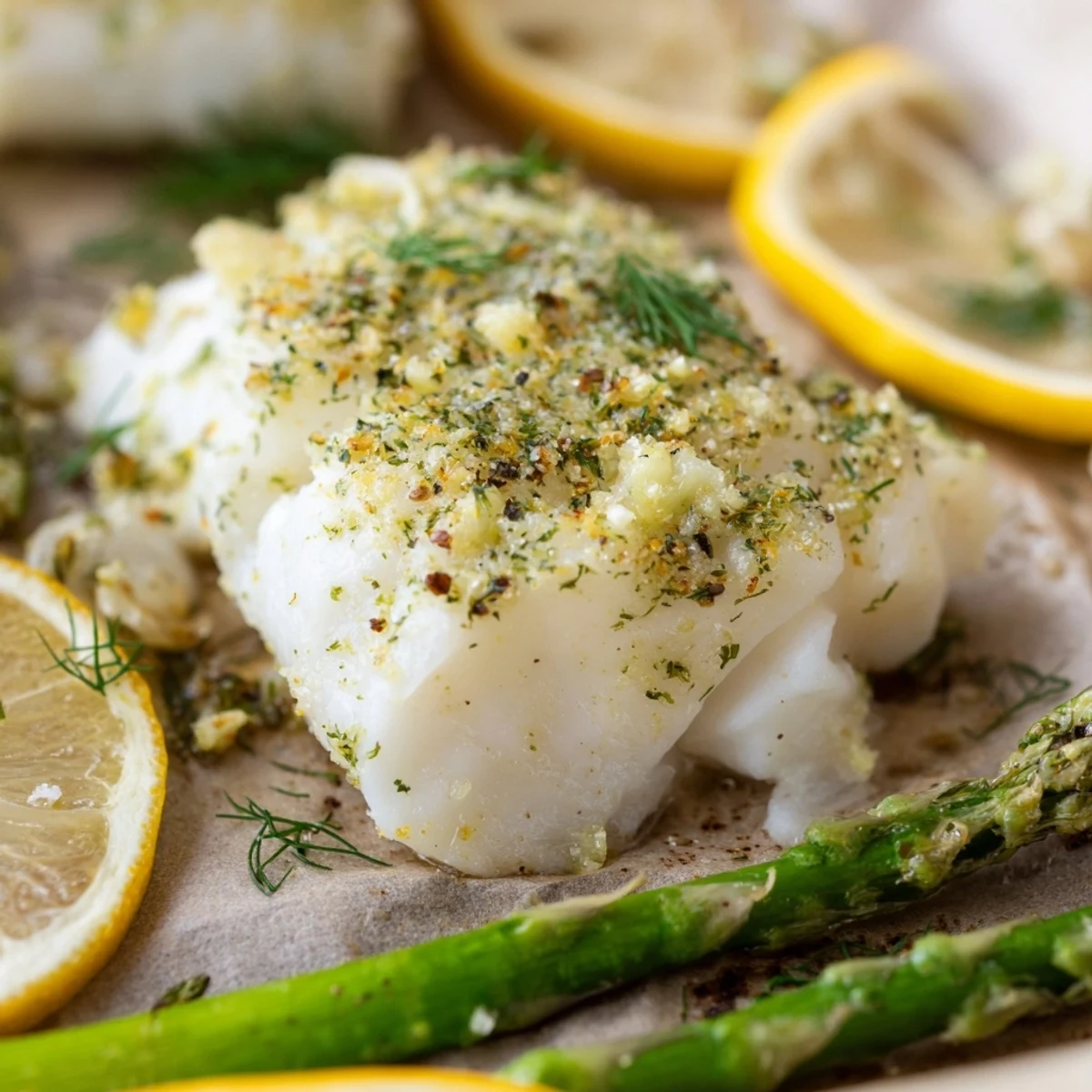 Flaky cod fillets and tender asparagus roasted with zesty lemon and fresh herbs on a sheet pan, garnished with lemon slices.