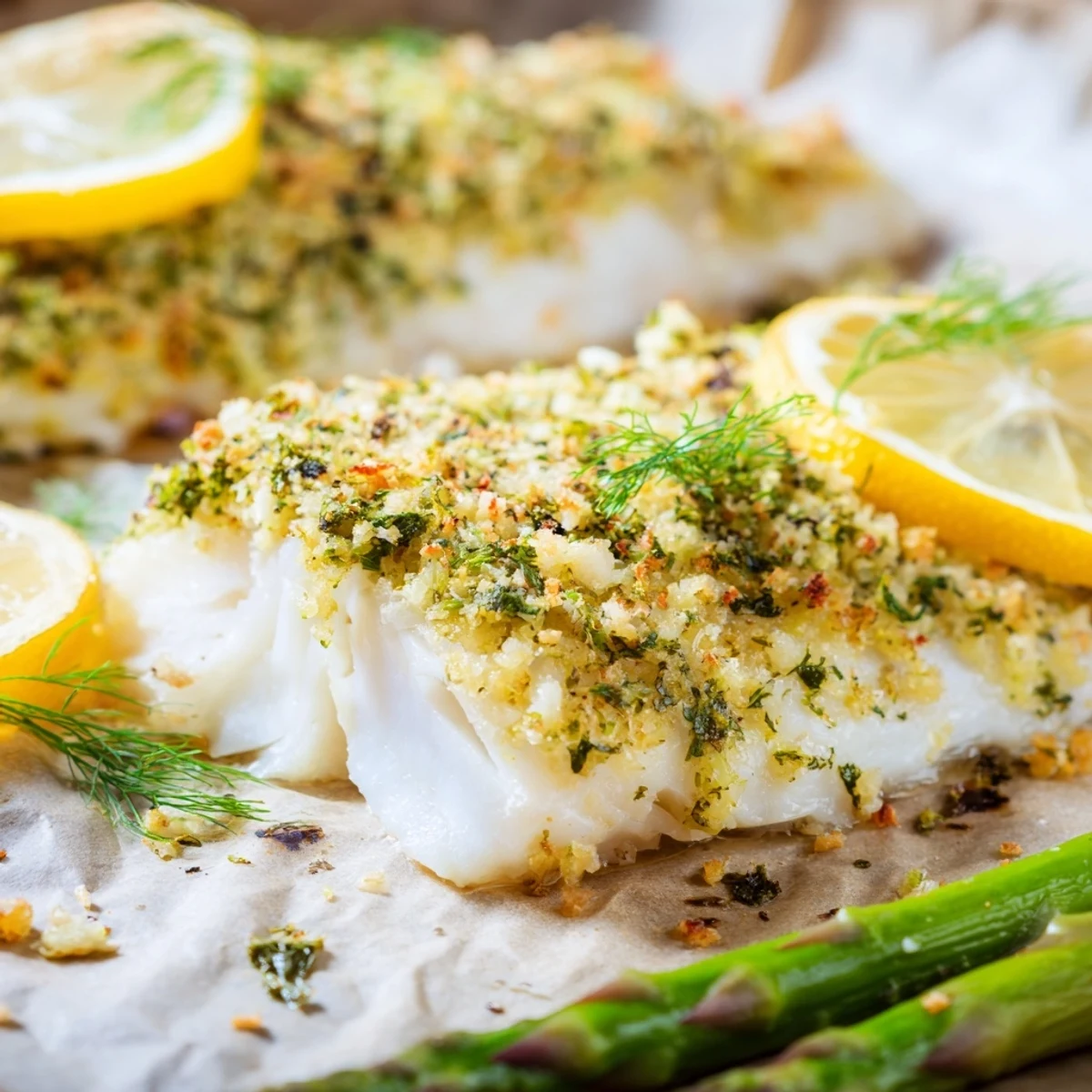 Golden, fork-tender Sheet Pan Lemon Herb Cod nestled beside vibrant green asparagus, garnished with fresh dill and parsley.