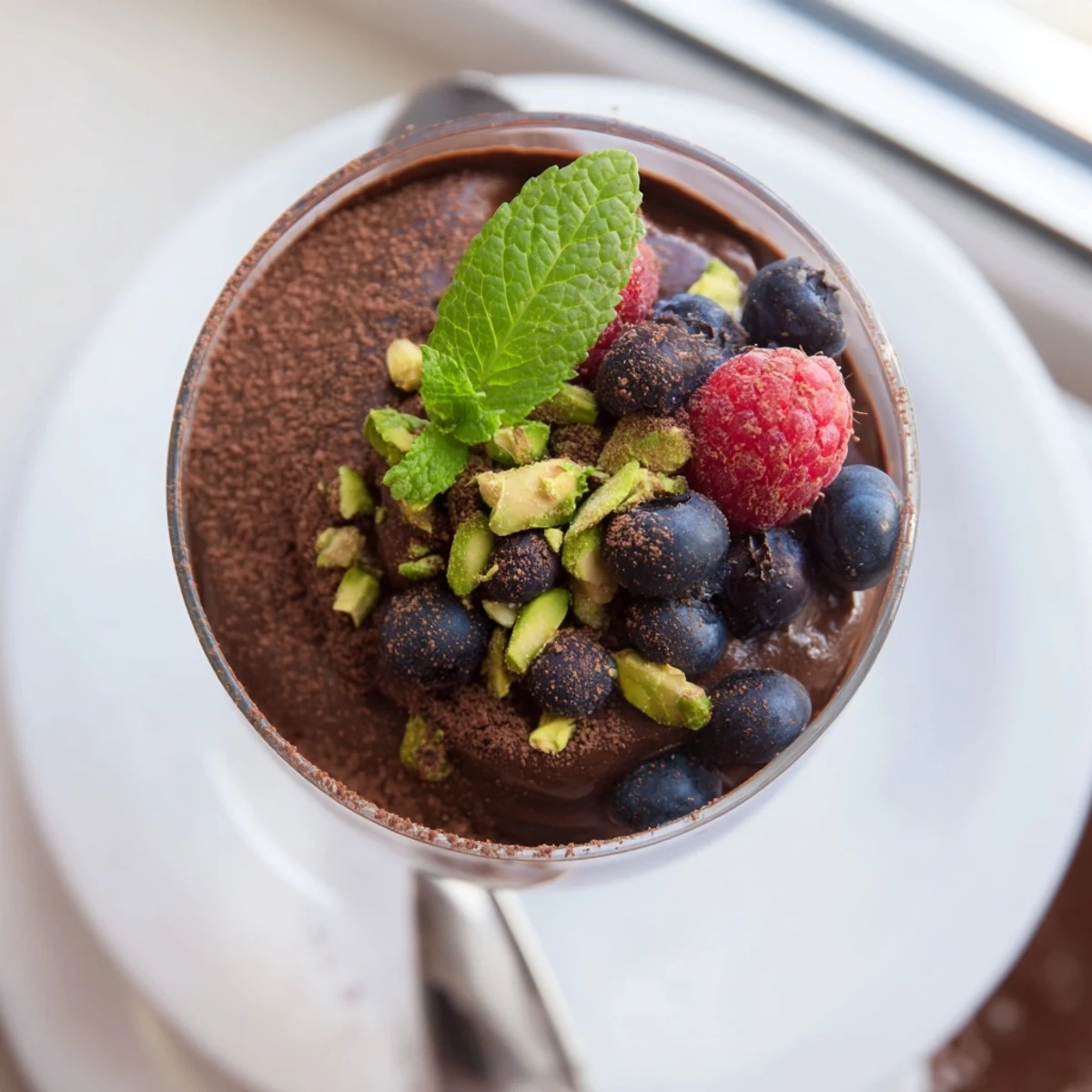 Enjoy this creamy dark chocolate avocado mousse garnished with vibrant fresh berries and nuts.