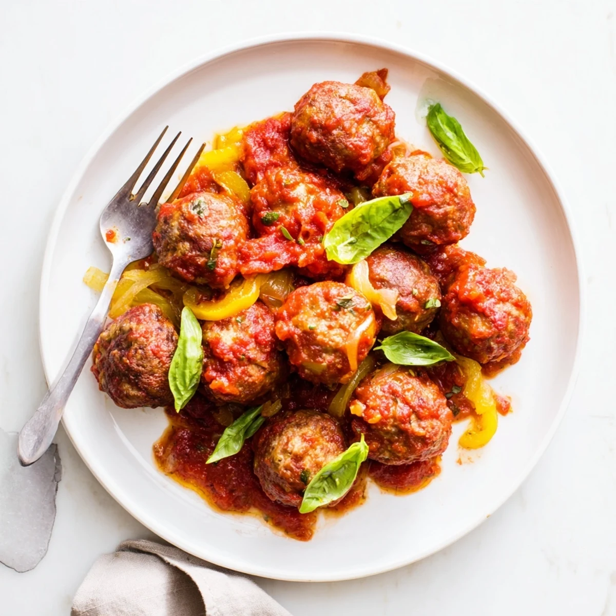 Golden-brown turkey meatballs nestled in a vibrant roasted tomato sauce, garnished with fresh basil leaves.