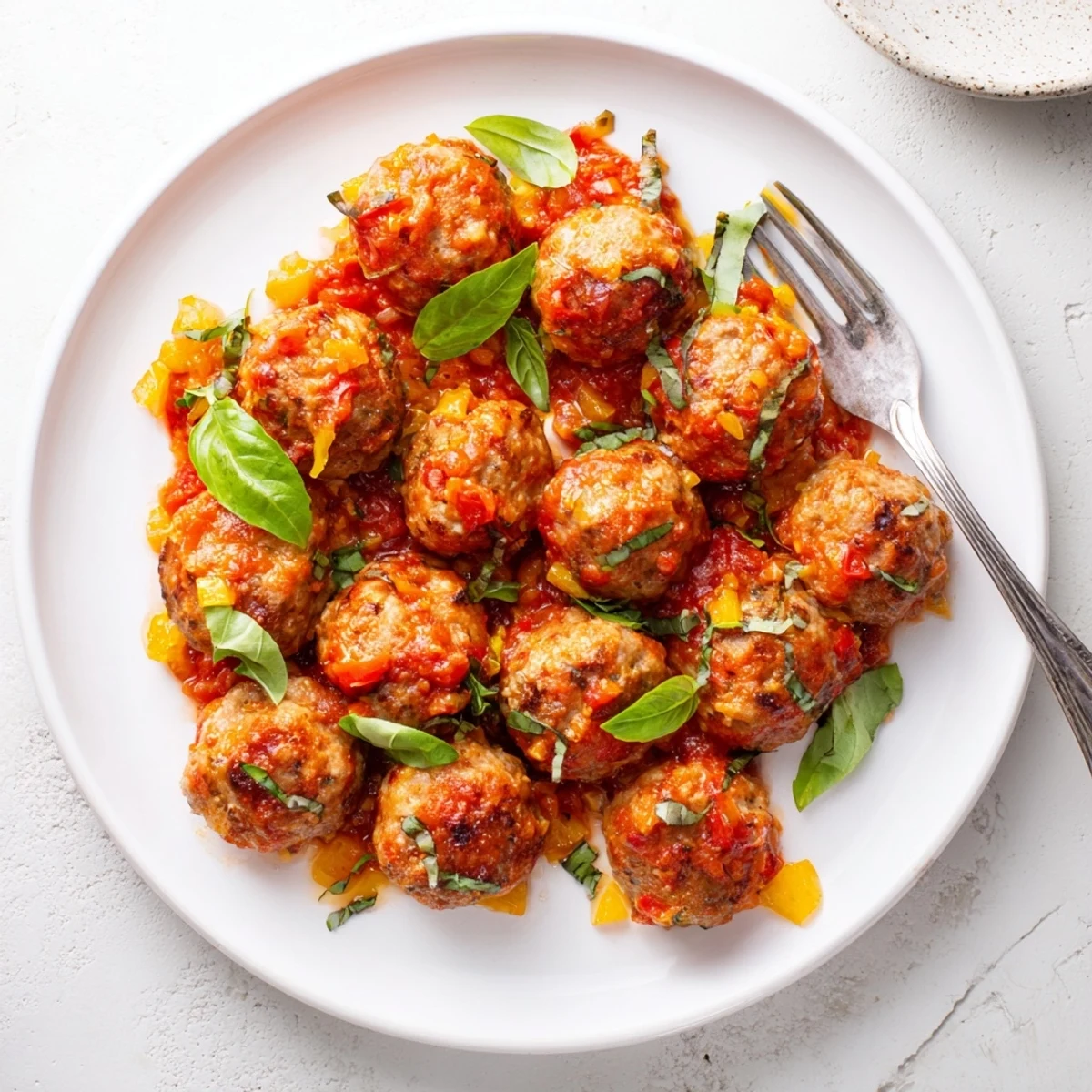 A hearty serving of turkey meatballs and roasted tomato sauce, paired with crusty bread.