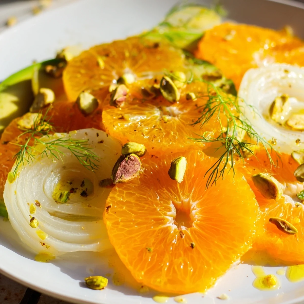 A close-up of Winter Citrus Salad with Avocado and Fennel, drizzled with lemony dressing and garnished with fennel fronds.  
