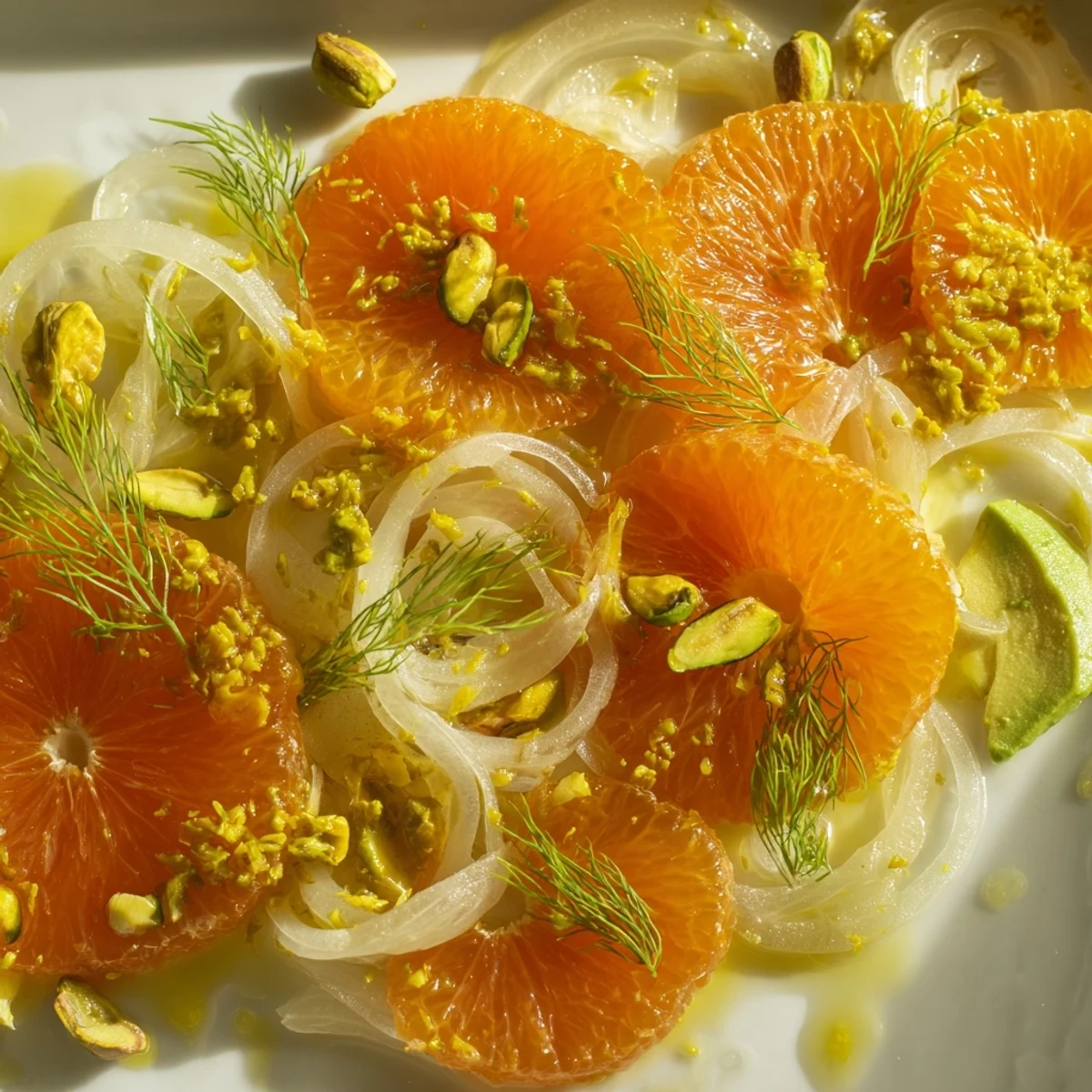 Overhead view of Winter Citrus Salad with Avocado and Fennel, showcasing colorful citrus rounds and shaved fennel for a refreshing bite.