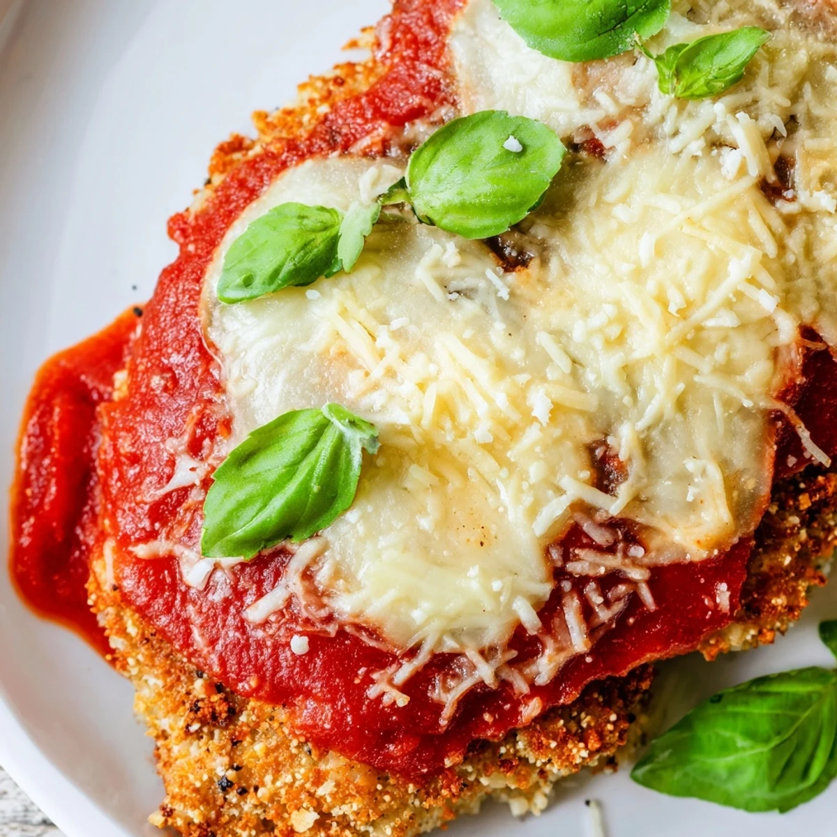 Golden, baked chicken parmesan topped with melted mozzarella and marinara sauce, served alongside fresh zucchini noodles for a low-carb Italian-American dinner.