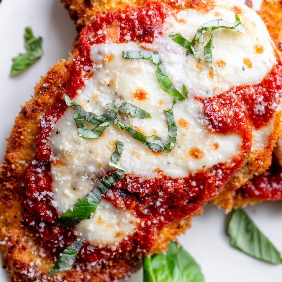 A plated serving of baked chicken parmesan with marinara and cheese, paired with tender zucchini noodles, ideal for a healthy weeknight dinner.
