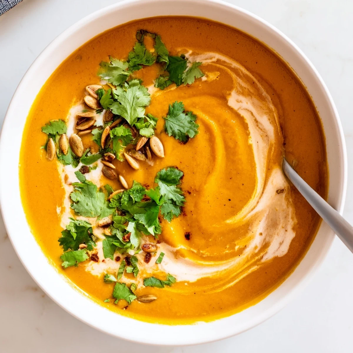 A bowl of creamy roasted carrot and ginger soup garnished with cilantro and toasted pumpkin seeds, served with a rustic bread slice on the side.