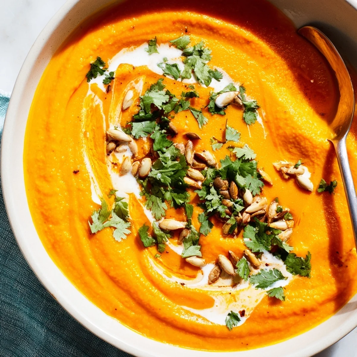 Creamy roasted carrot and ginger soup in a white bowl, featuring velvety texture and a drizzle of coconut milk swirl for an elegant finish.