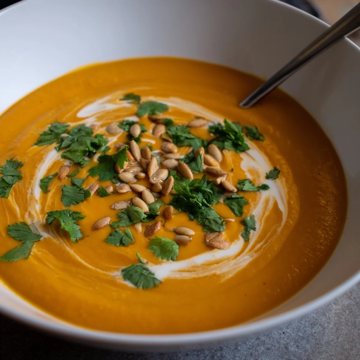 Freshly blended creamy roasted carrot and ginger soup in a rustic pot, garnished with parsley and a spoon resting on the side for serving.