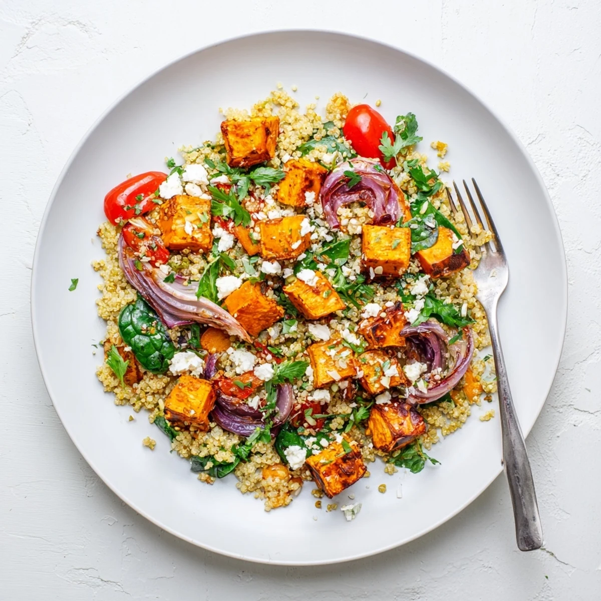A bowl of warm quinoa salad with roasted sweet potato, fresh herbs, and a sprinkle of feta cheese on a rustic table.  