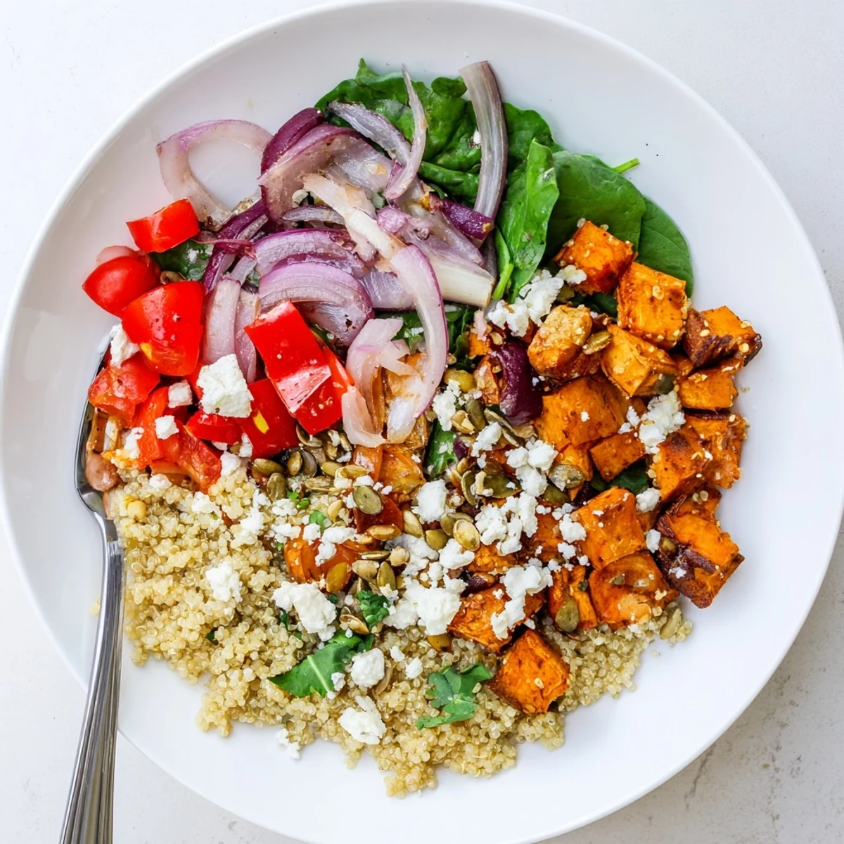Warm quinoa salad with roasted sweet potato and fresh vegetables served as a nutritious vegetarian dinner.