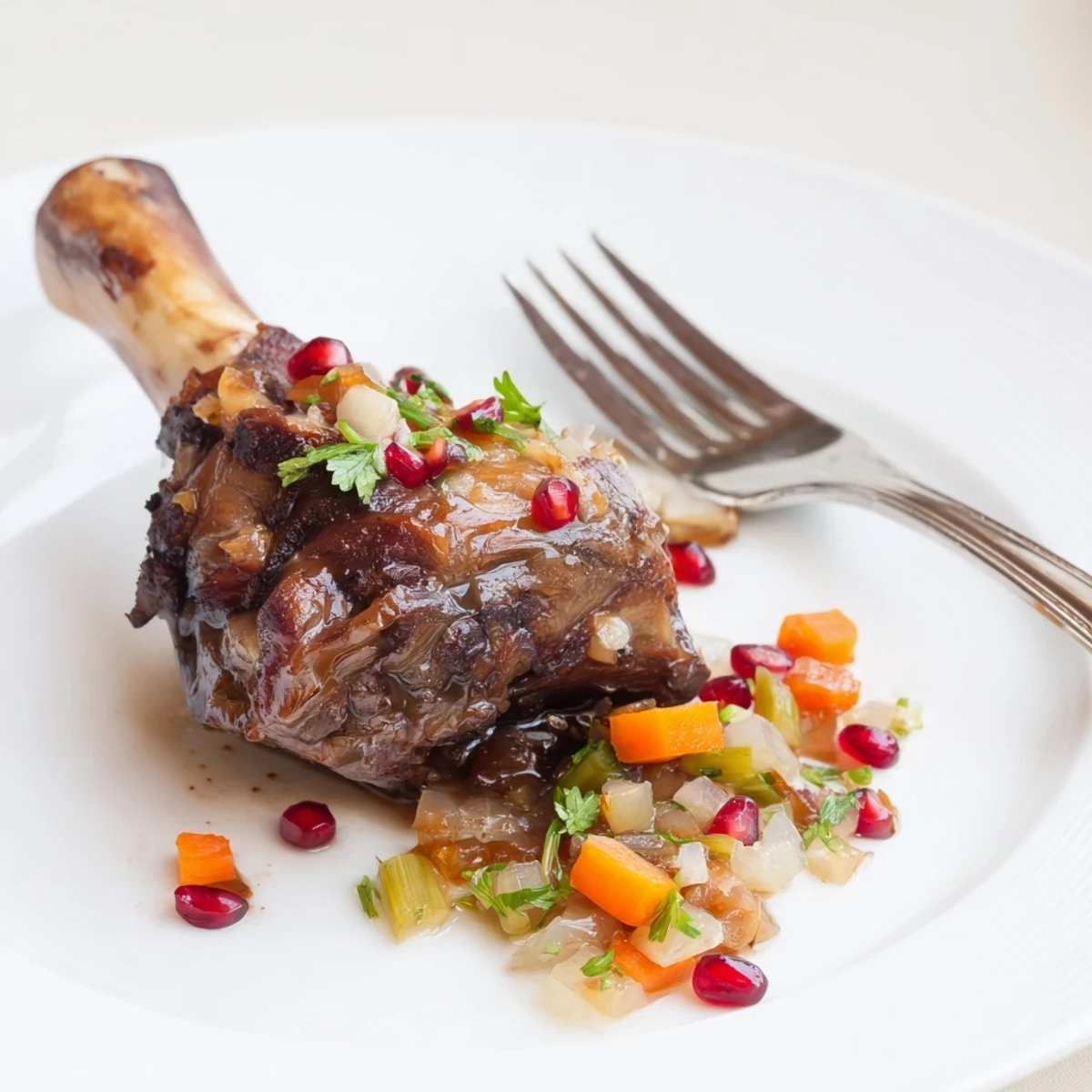 Golden-brown Braised Lamb Shanks with Pomegranate Glaze glisten on a plate, garnished with fresh parsley and vibrant seeds, served alongside saffron rice.