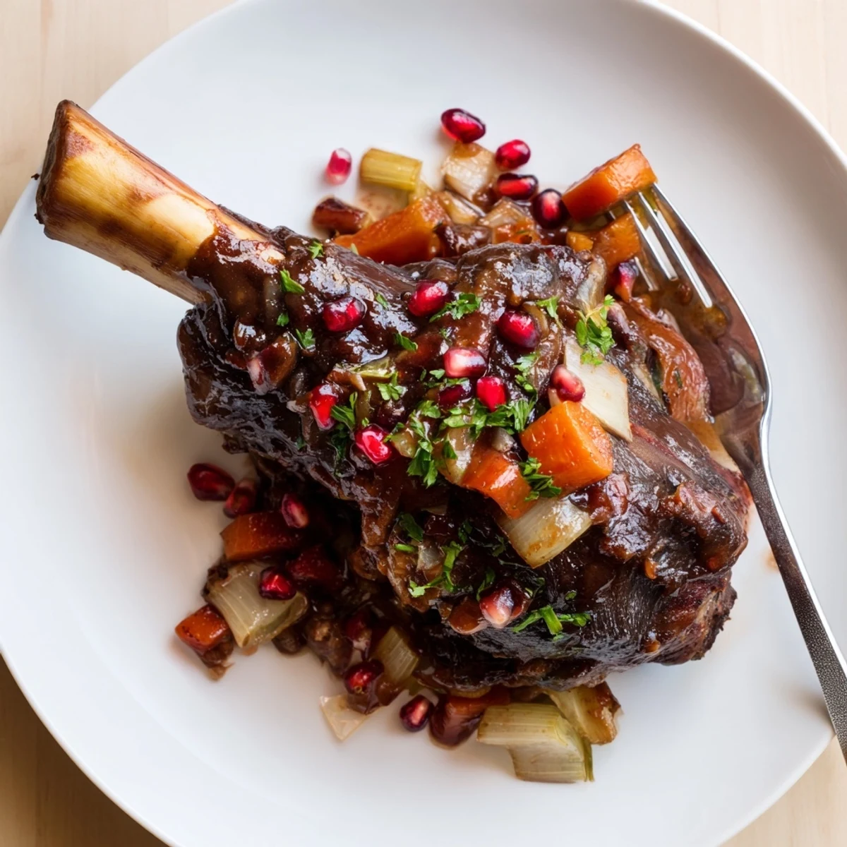 Succulent Braised Lamb Shanks with Pomegranate Glaze feature falling-off-the-bone meat, topped with ruby seeds and herbs, paired with creamy mashed potatoes for a feast.
