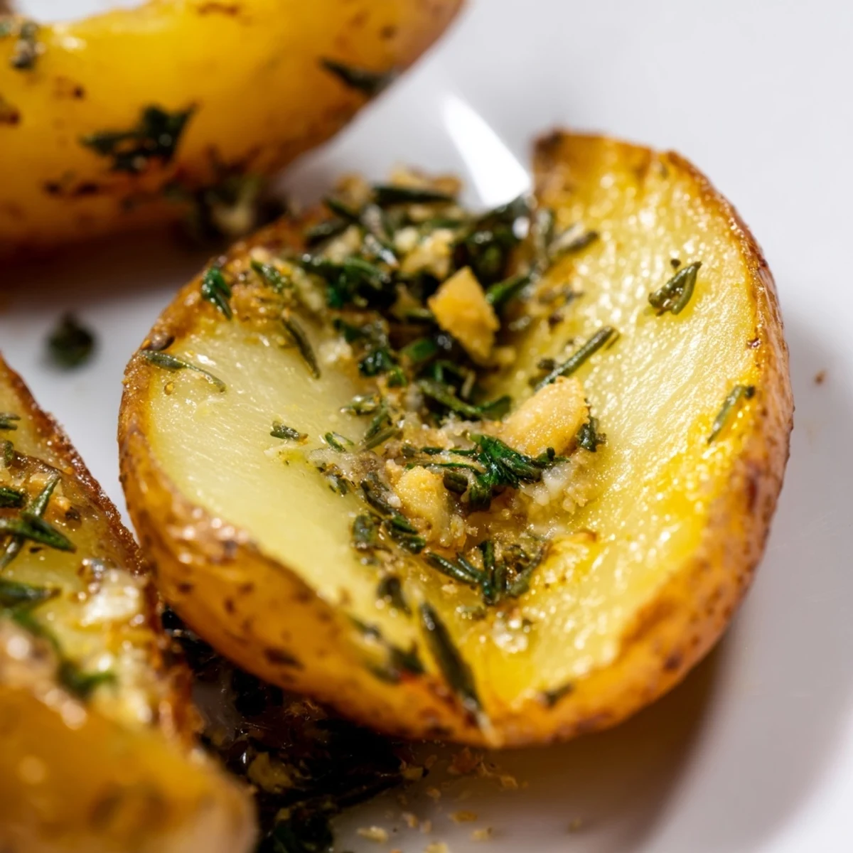 Golden-brown Garlic Herb Roasted Fingerling Potatoes arranged on a baking sheet with fresh rosemary and thyme sprigs.