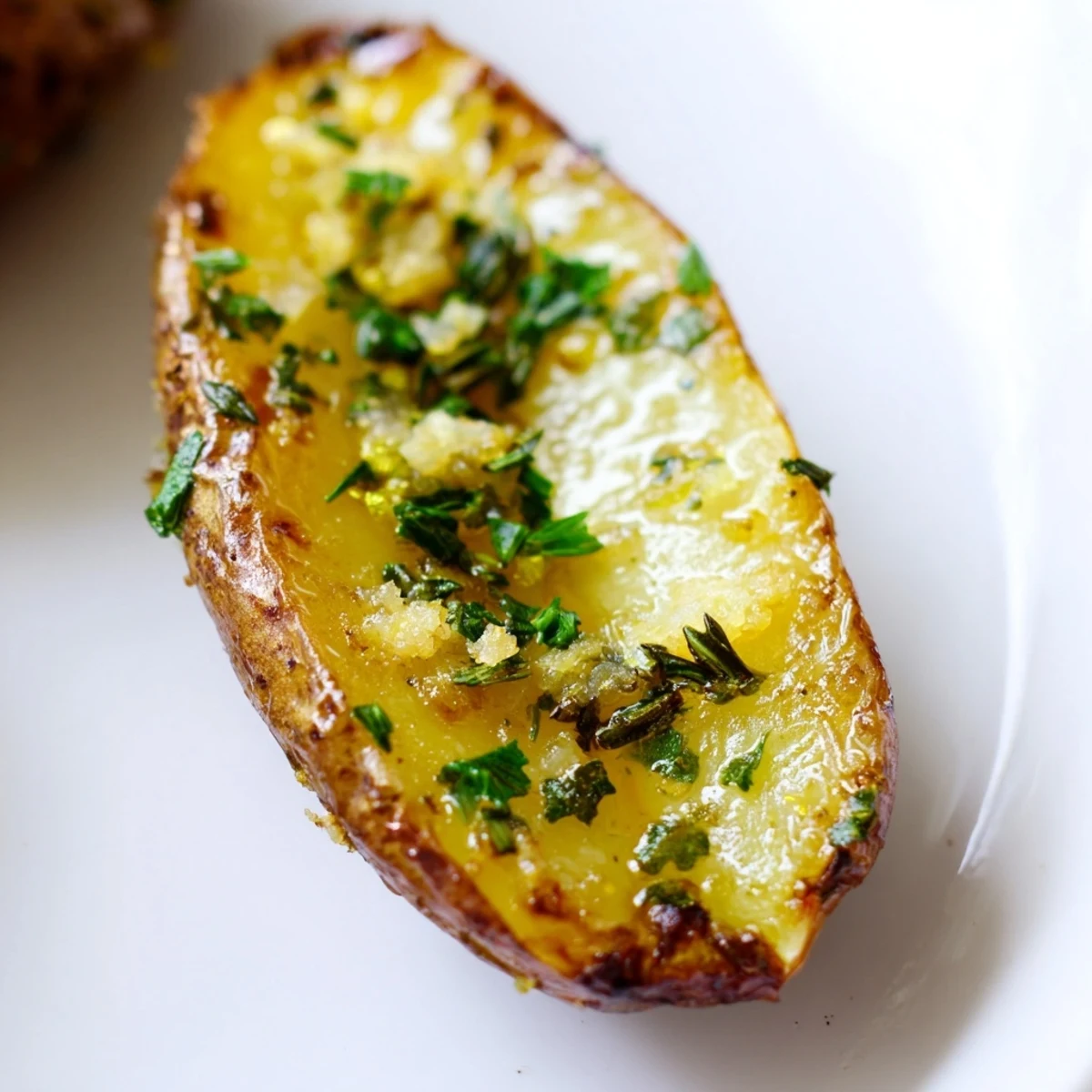 A rustic serving bowl filled with Garlic Herb Roasted Fingerling Potatoes, ready to be enjoyed alongside roasted chicken.