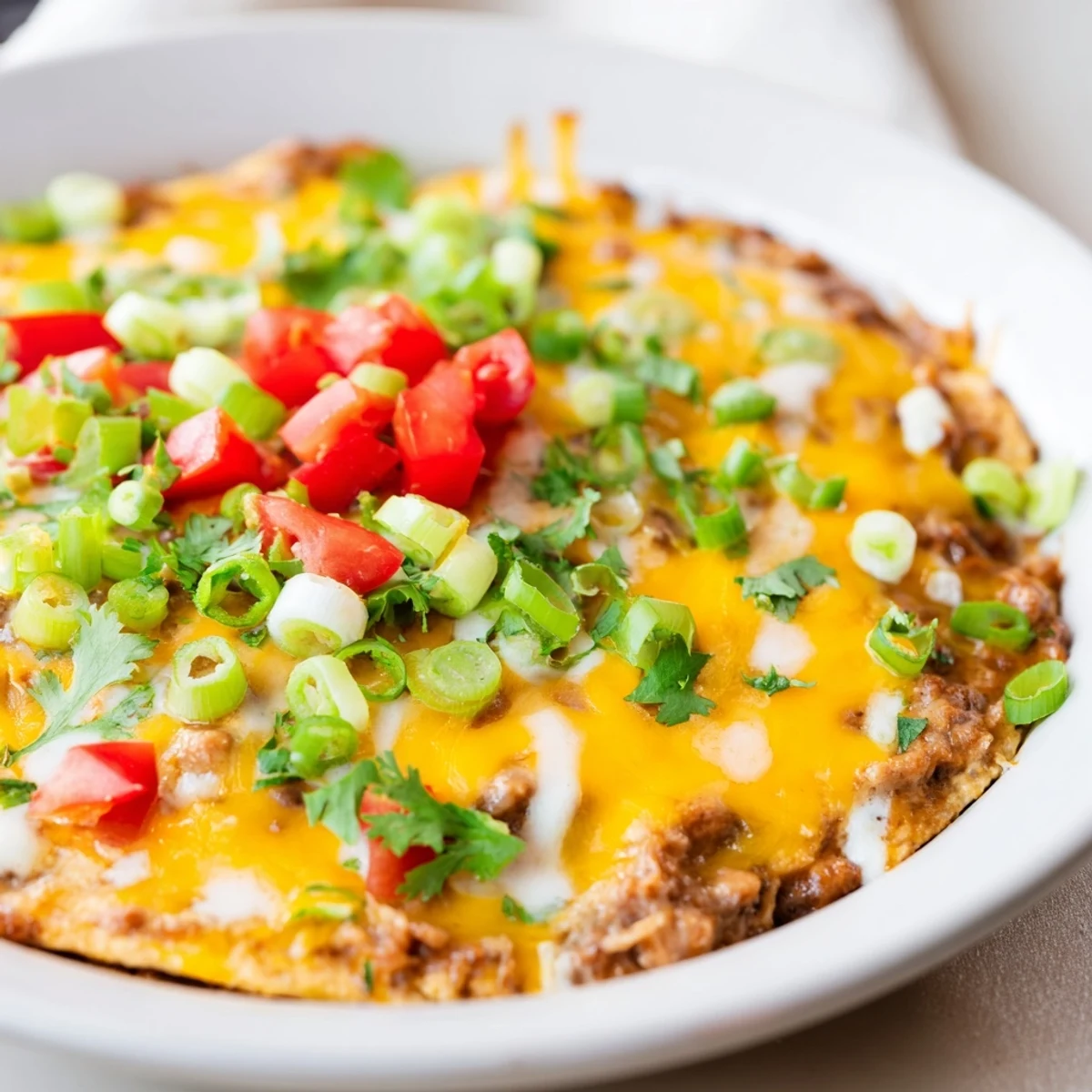 Championship Bean Dip in a 9x13-inch dish, topped with melty cheddar, fresh green onions, cilantro, and diced tomatoes.