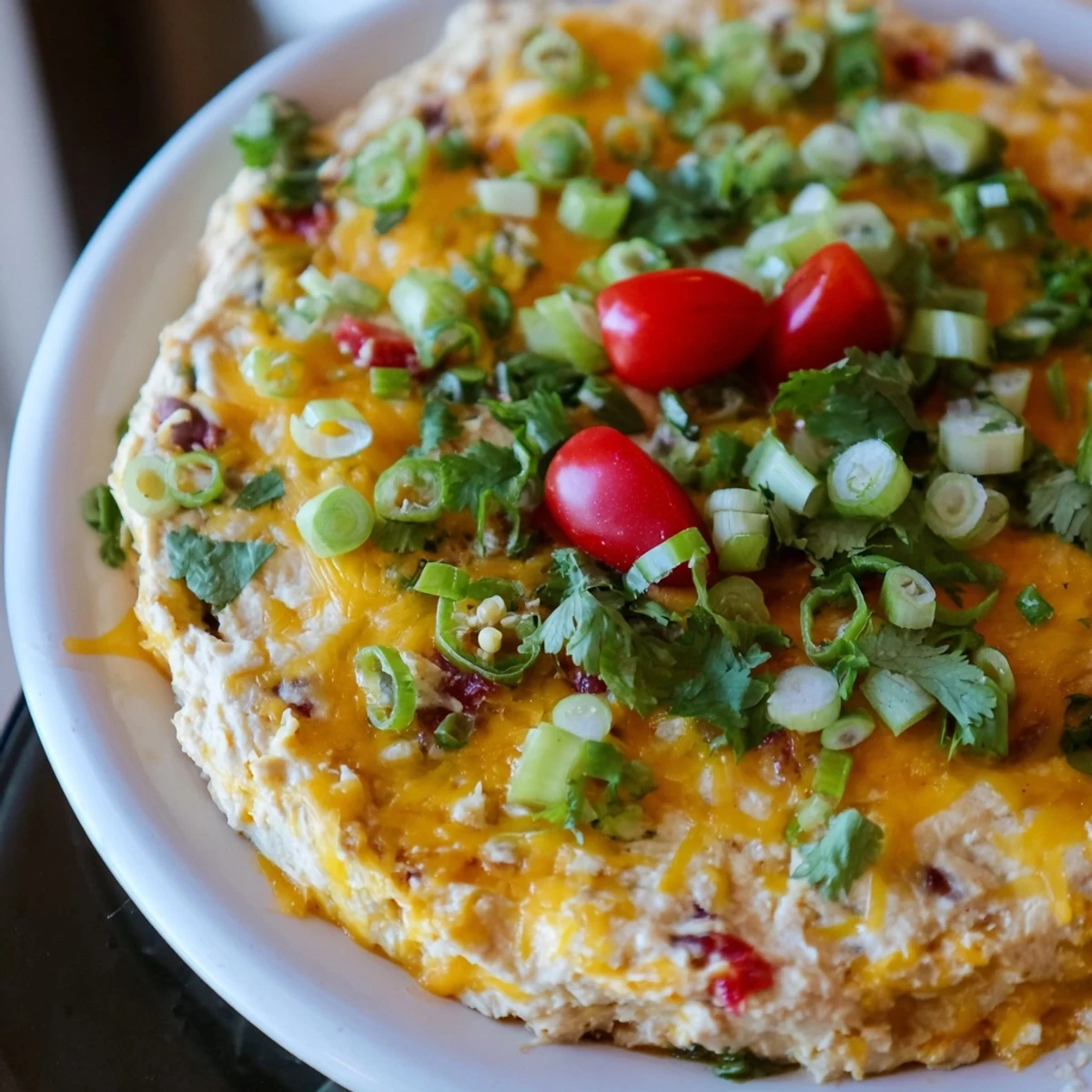 Freshly baked Championship Bean Dip garnished with cilantro and tomatoes, served warm with tortilla chips for game day snacking.