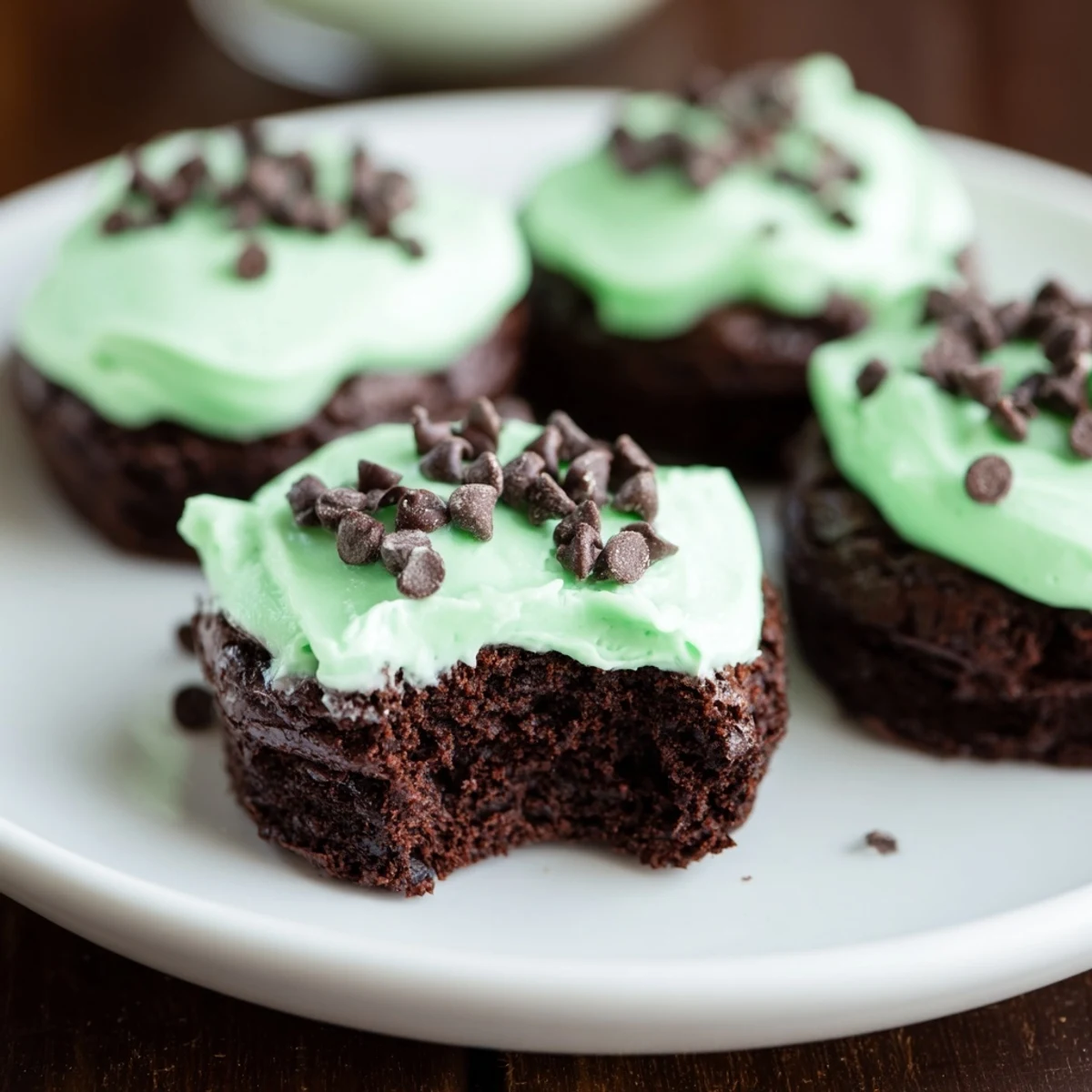 Festive St. Patrick's Day mint brownie bites topped with vibrant green frosting and chocolate sprinkles on a wooden surface.  