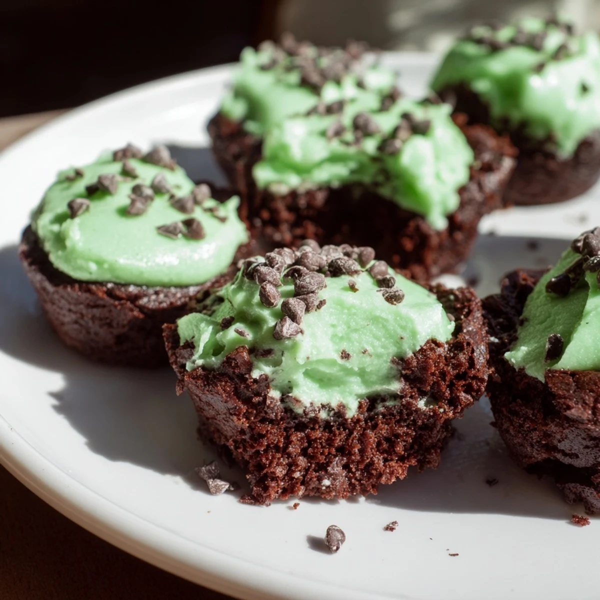 St. Patrick's Day mint brownie bites with fudgy centers and creamy green frosting, perfect for a festive dessert platter.  